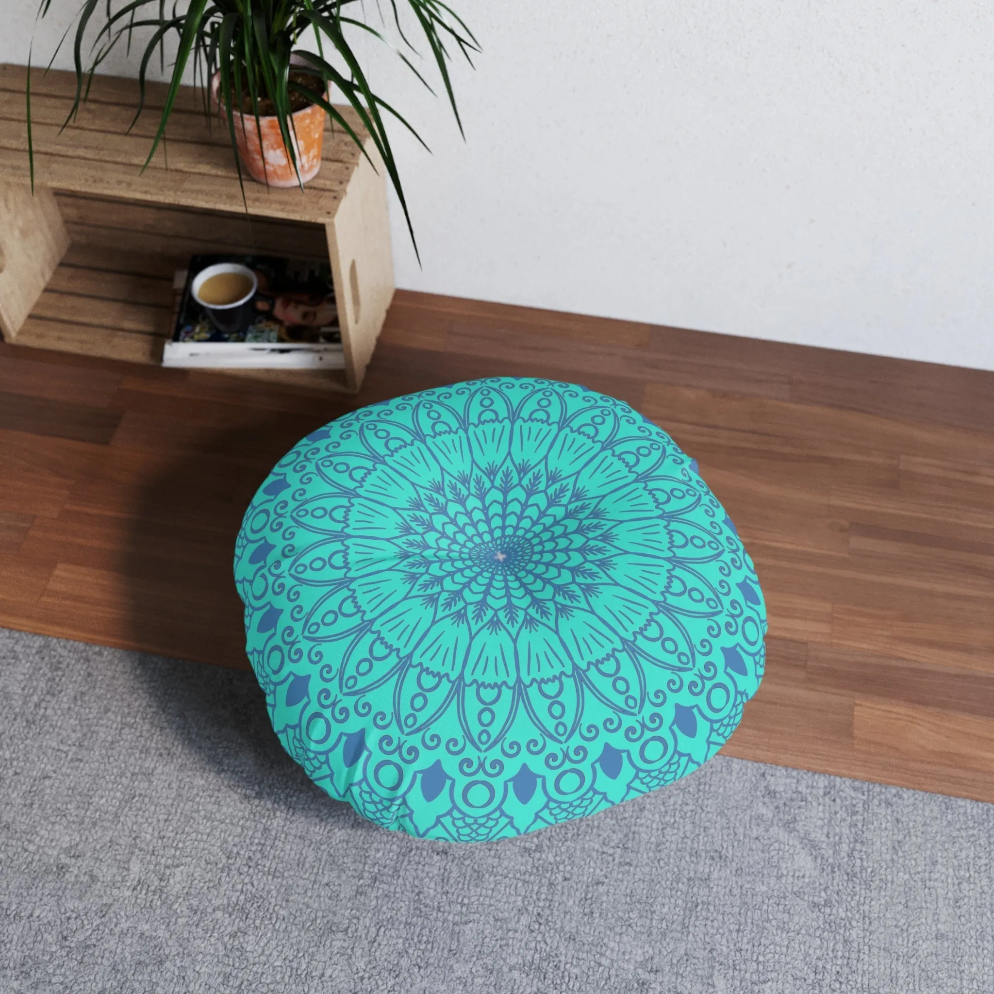 Handmade Mandala Art Tufted Floor Pillow - Steel Blue on Turquoise Background