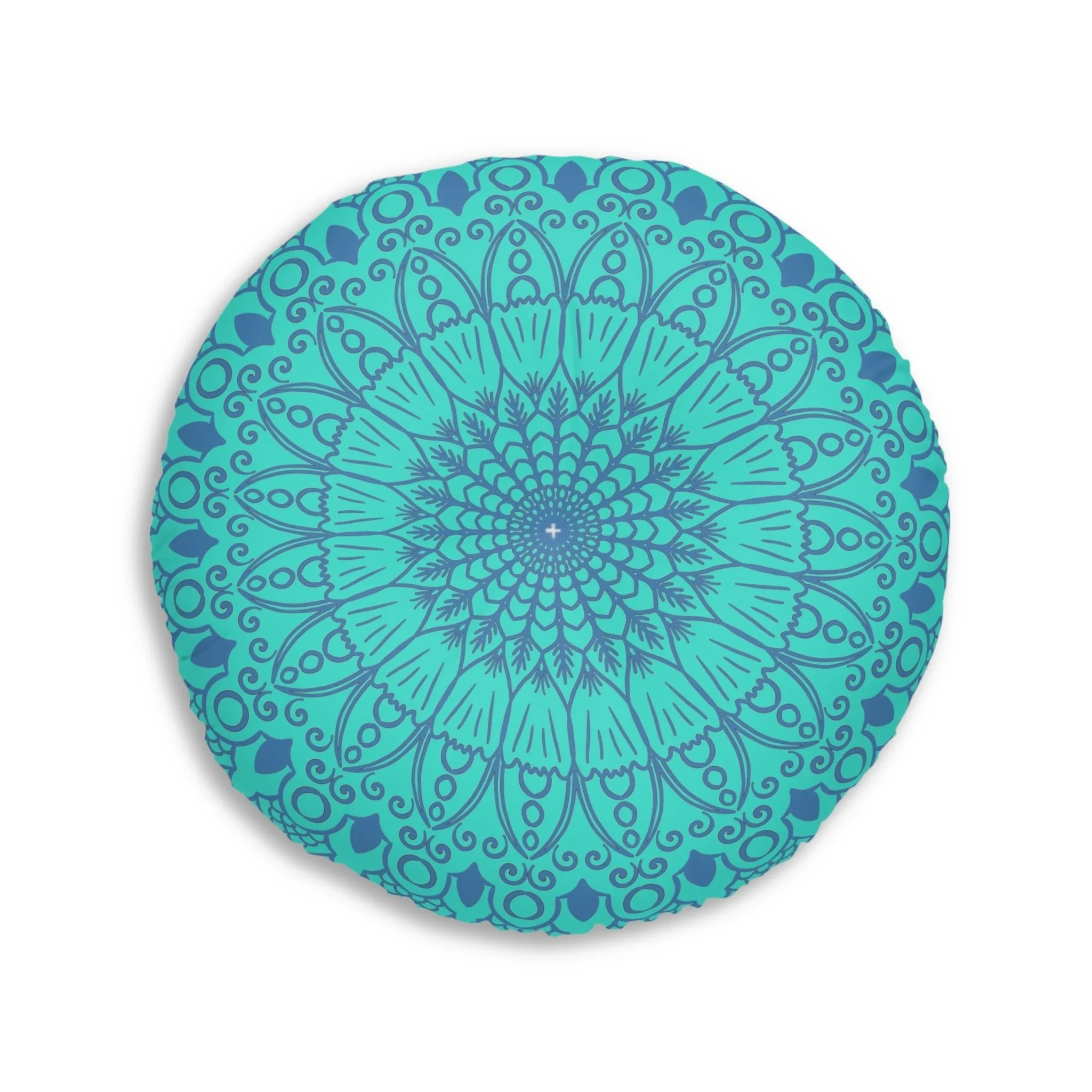 Handmade Mandala Art Tufted Floor Pillow - Steel Blue on Turquoise Background