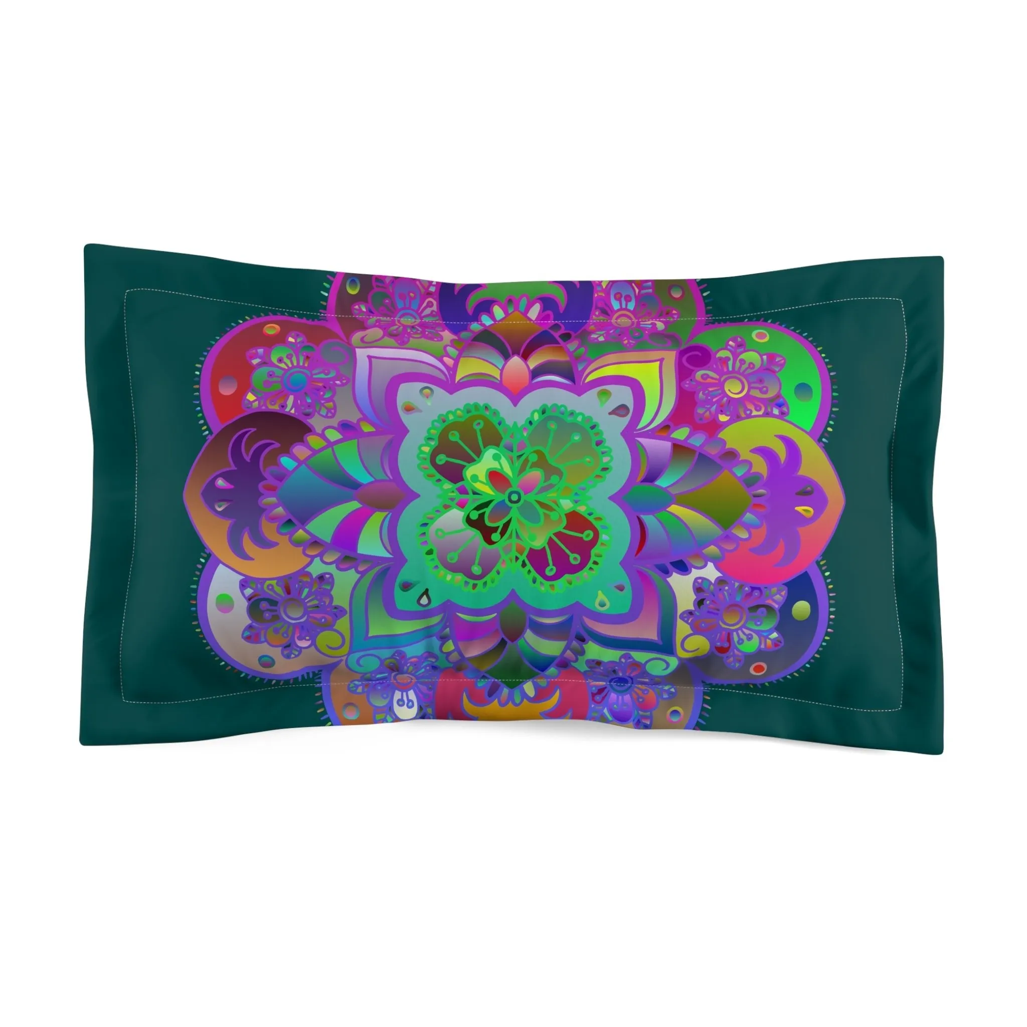 Handmade Mandala Design Pillow Sham - Dark Petroleum Green Background