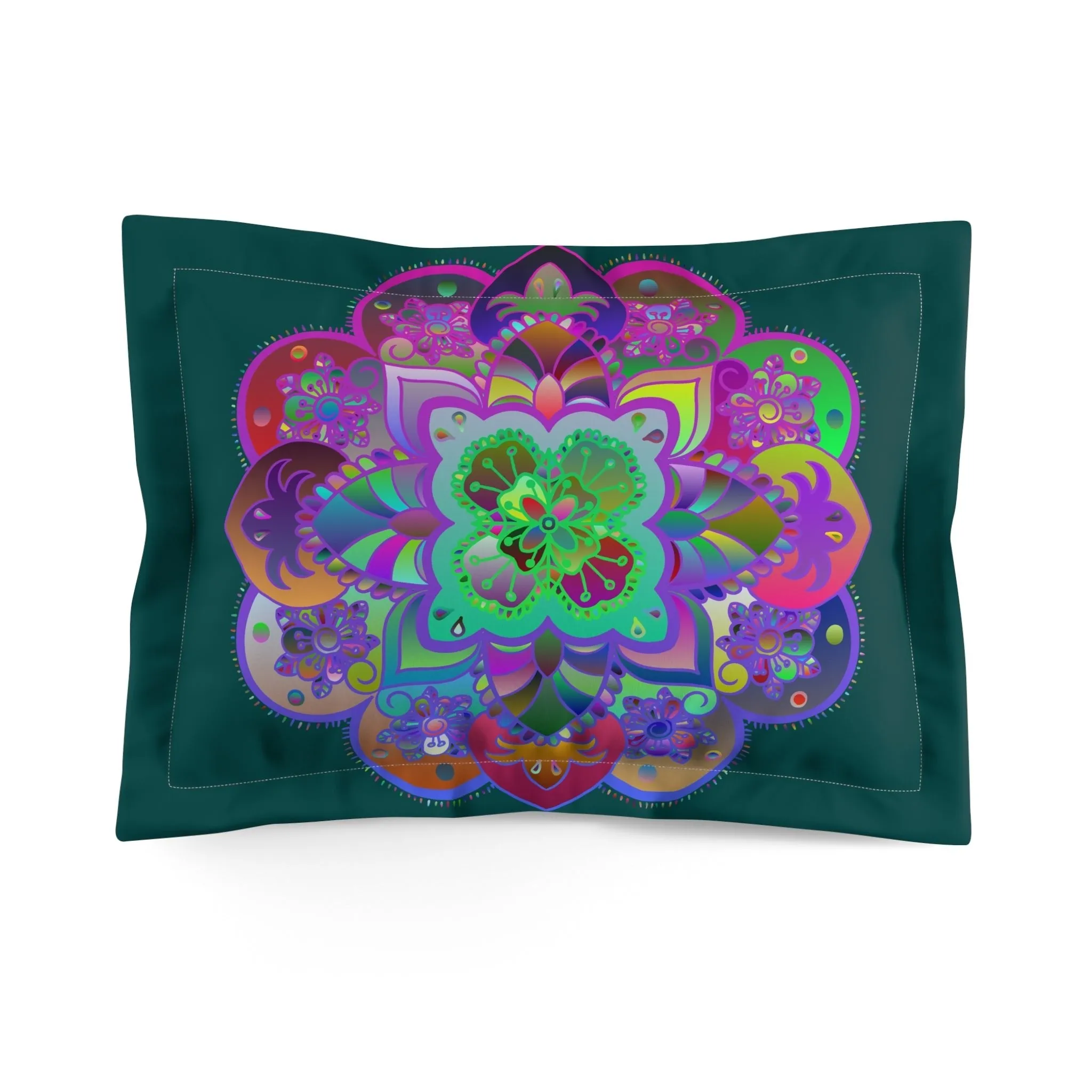 Handmade Mandala Design Pillow Sham - Dark Petroleum Green Background