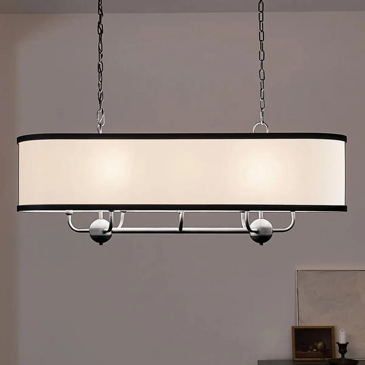 Heddle 43" 8-Light Linear Chandelier with Fabric drum shade, Textured Black Finish