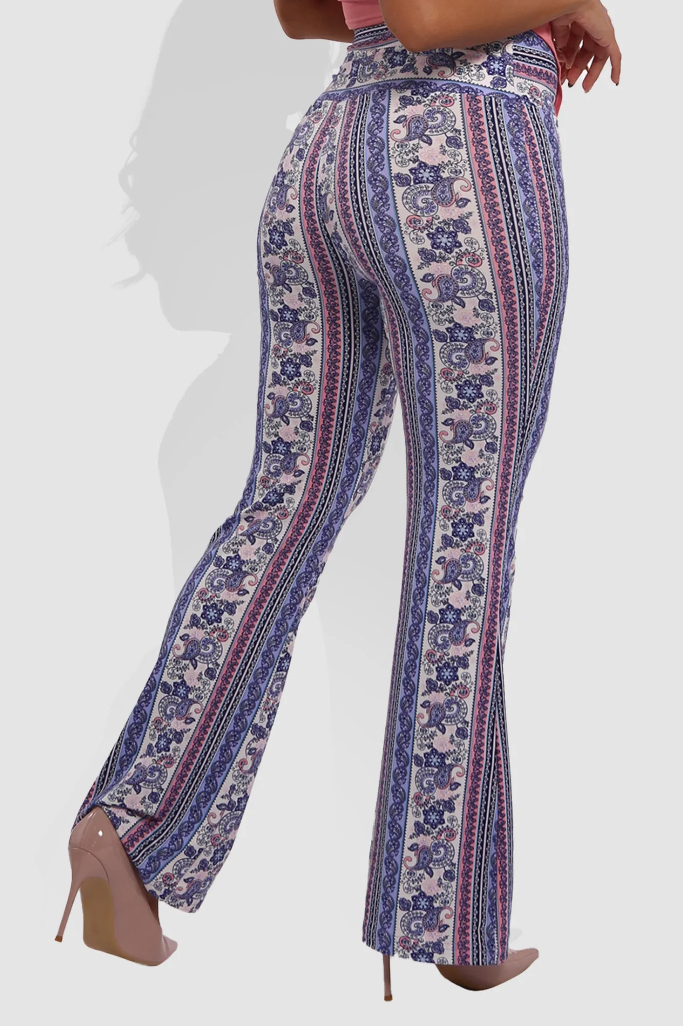 High Waist Soft Brushed Printed Flare Pants - Purple, Pink, White Boho