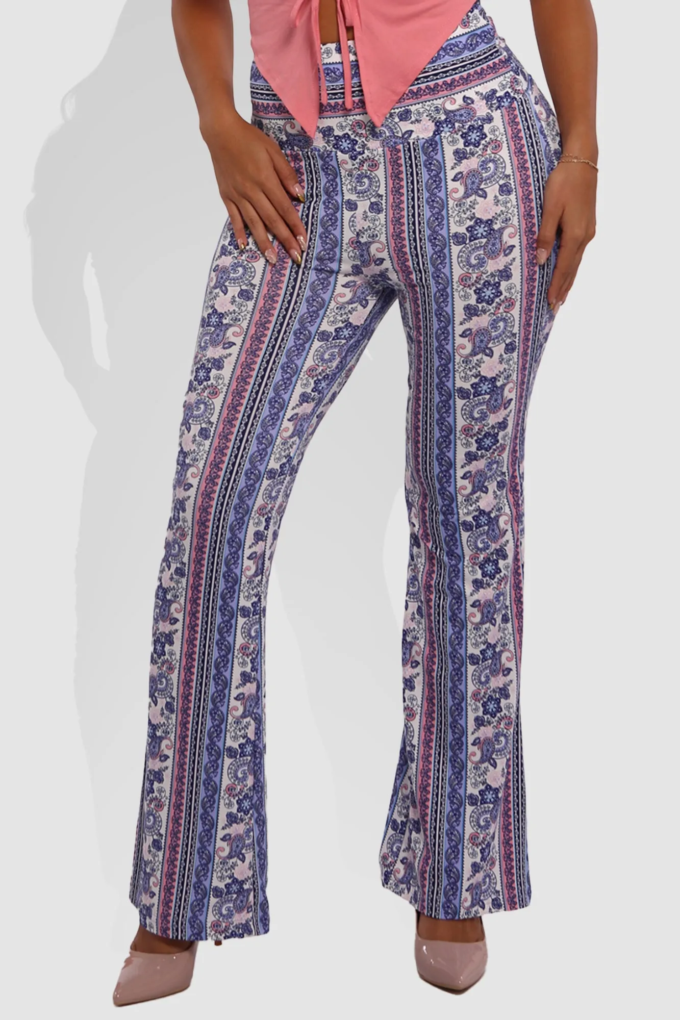 High Waist Soft Brushed Printed Flare Pants - Purple, Pink, White Boho