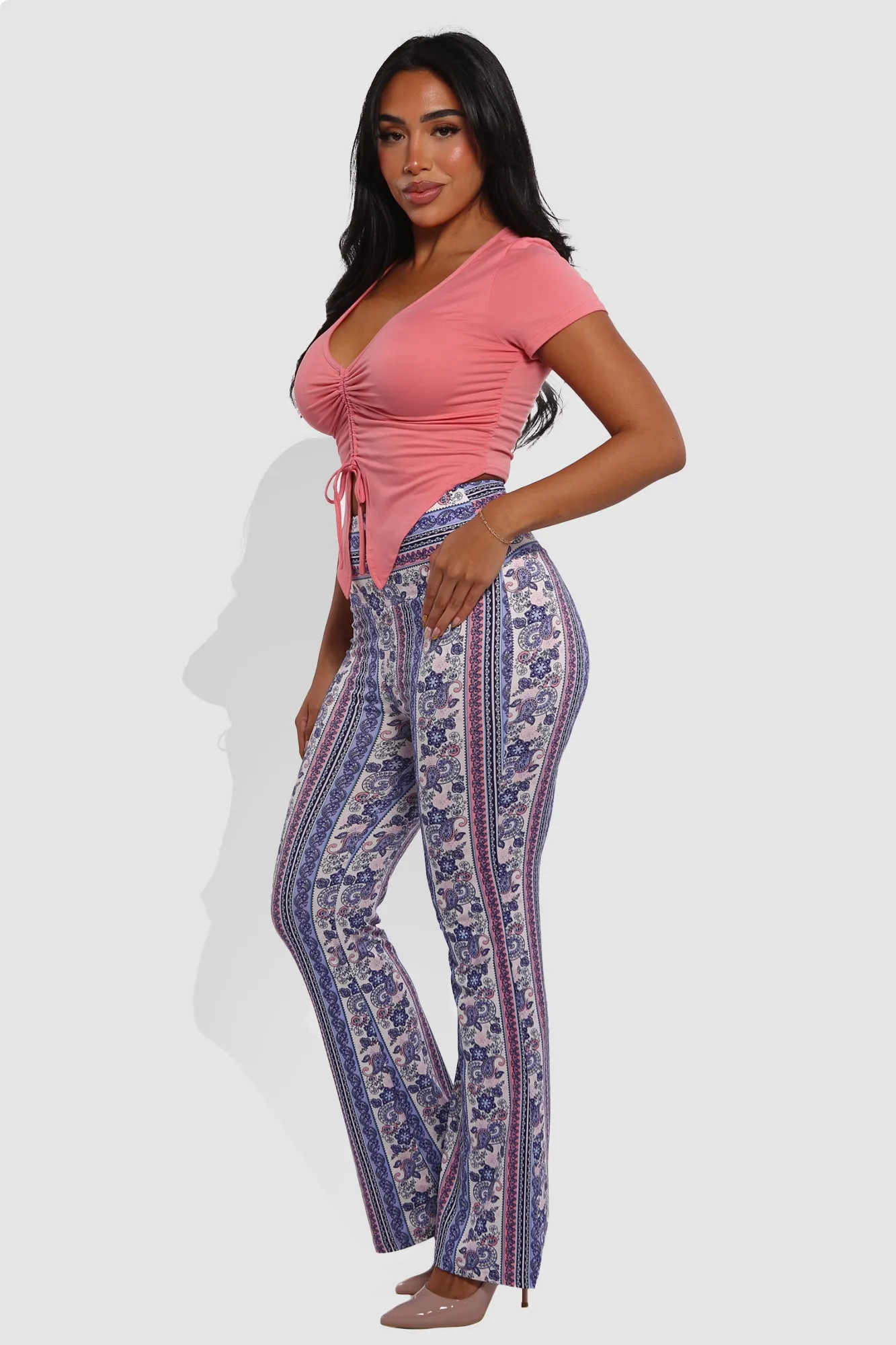 High Waist Soft Brushed Printed Flare Pants - Purple, Pink, White Boho