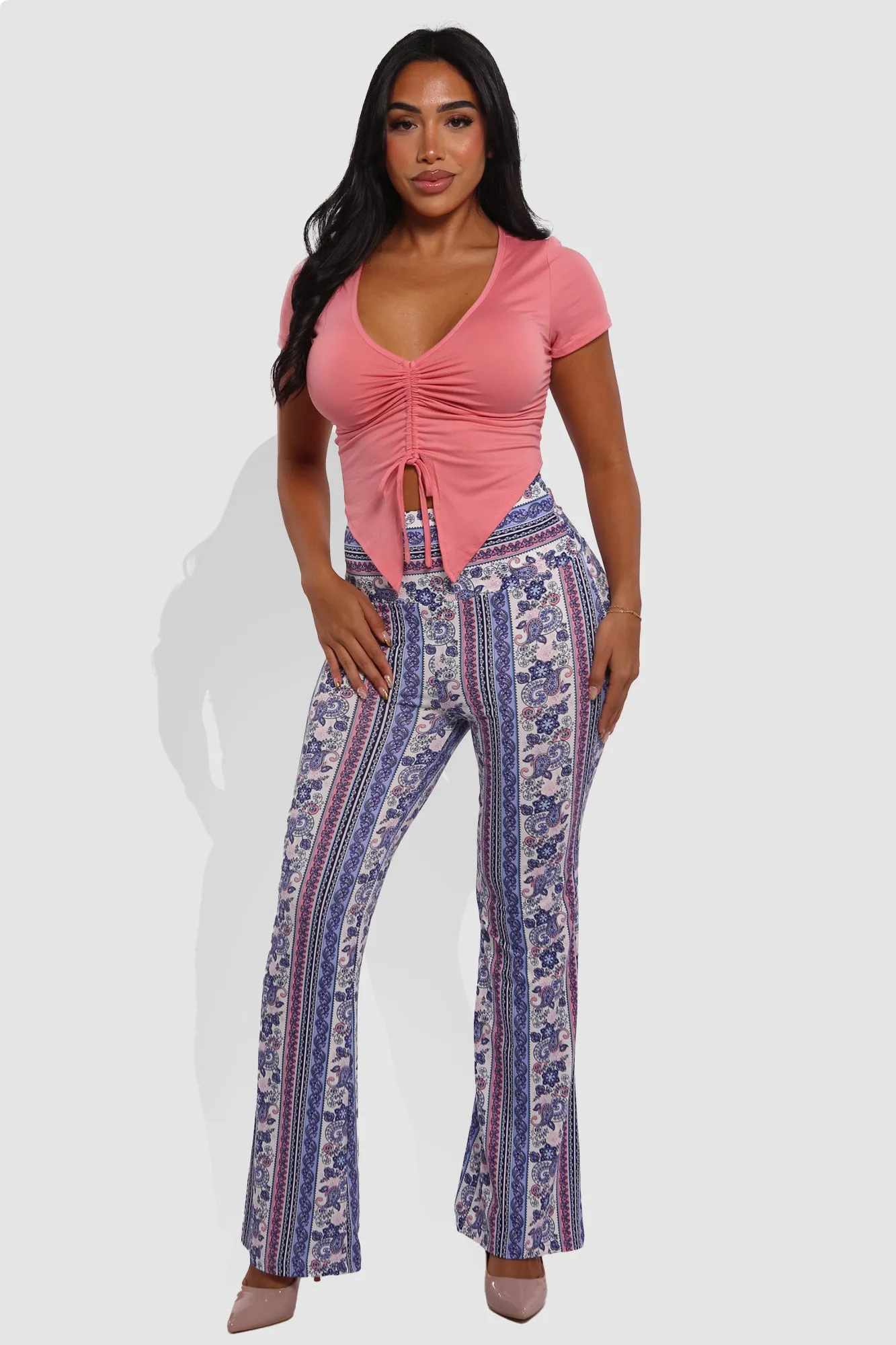 High Waist Soft Brushed Printed Flare Pants - Purple, Pink, White Boho