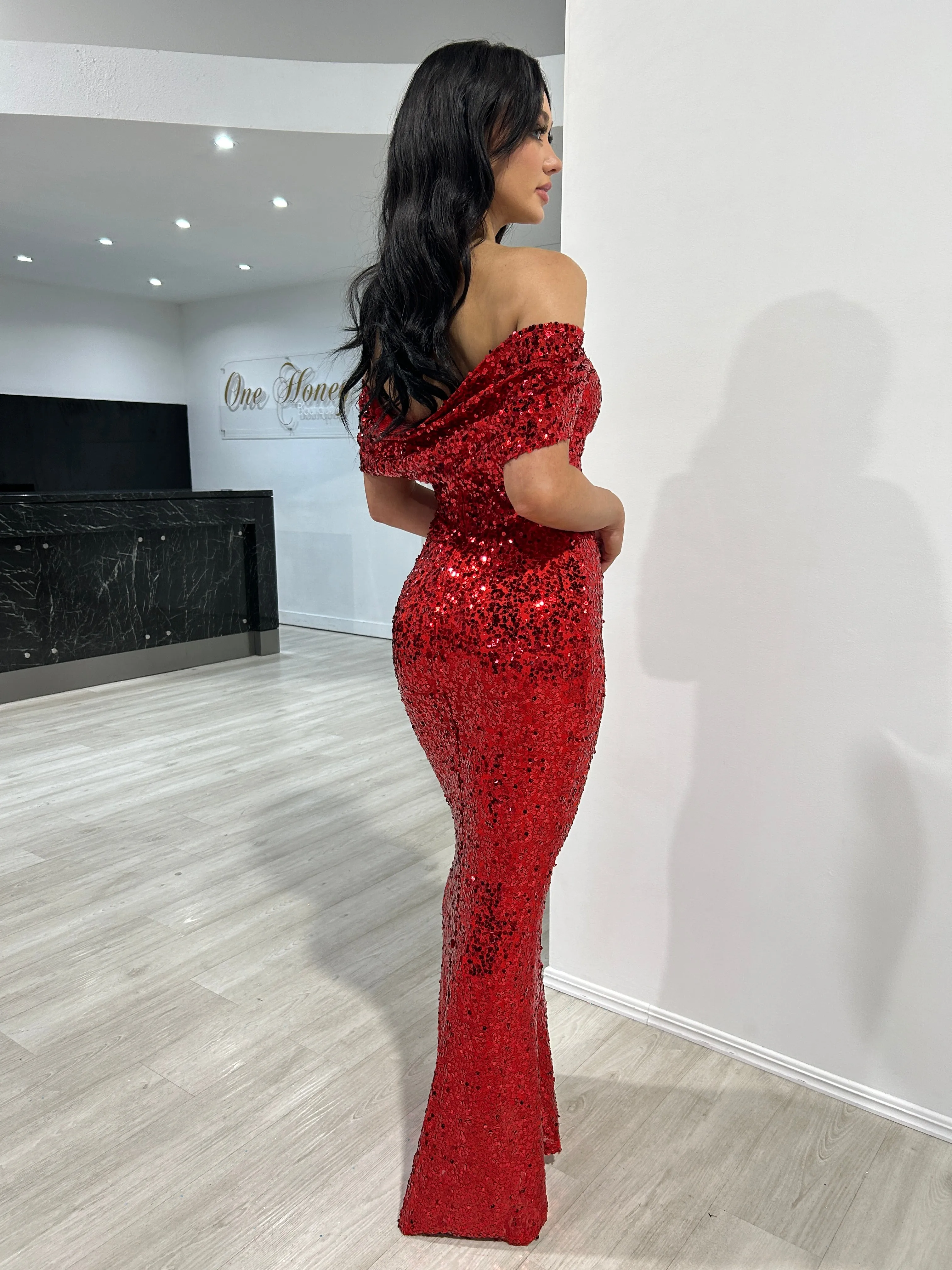 Honey Couture COLLEN Red Off The Shoulder Mermaid Evening Dress