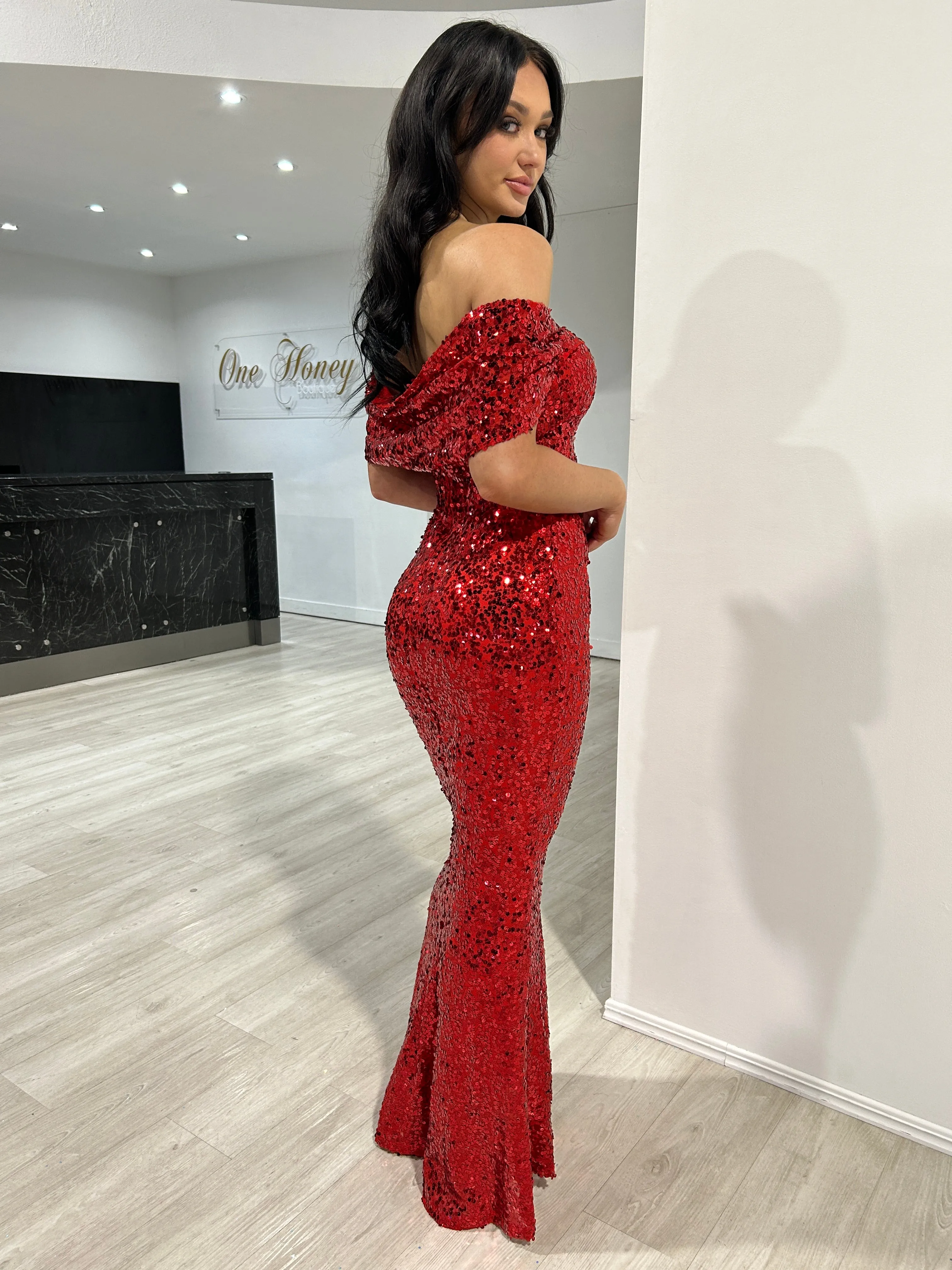 Honey Couture COLLEN Red Off The Shoulder Mermaid Evening Dress