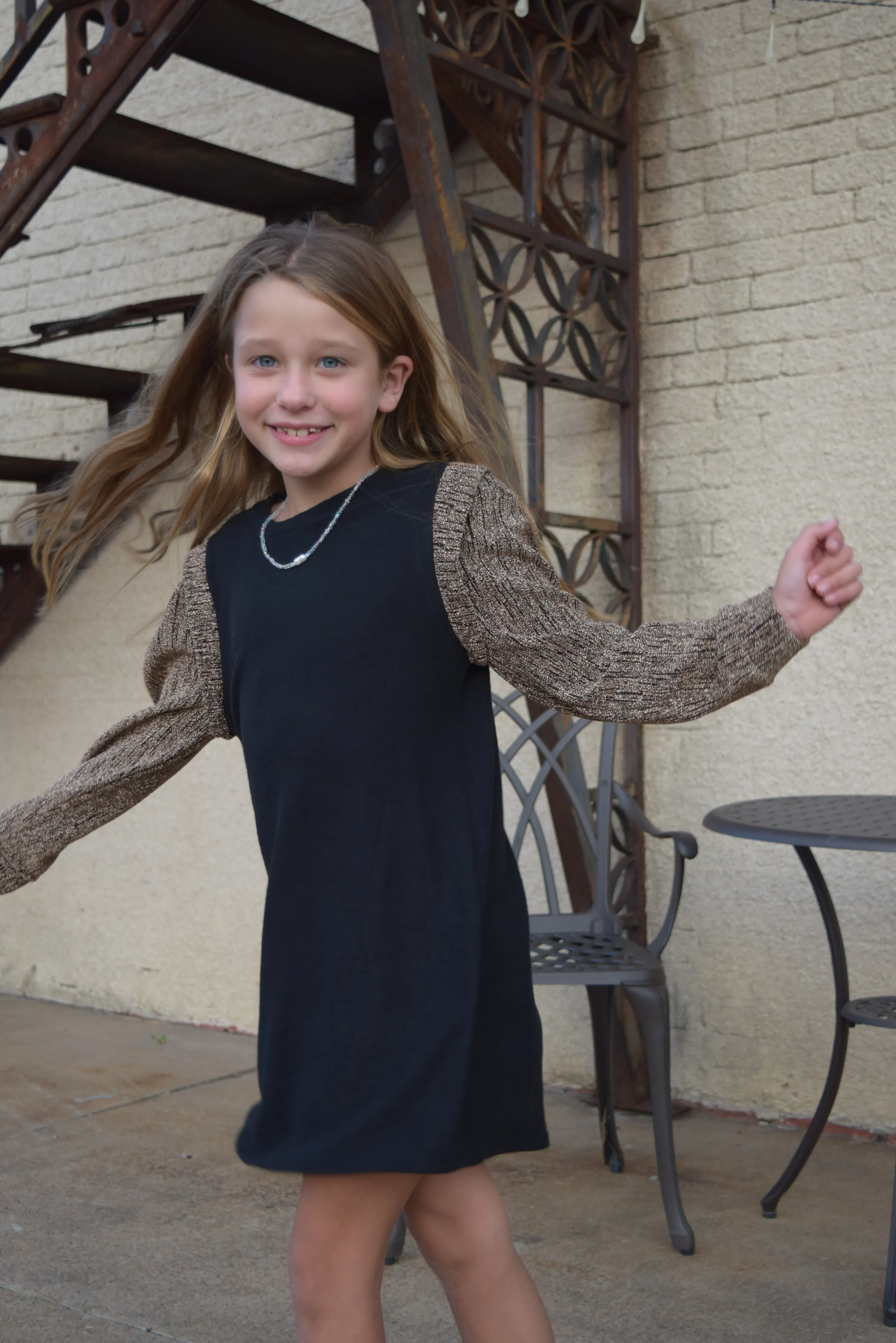 Kids Black Sparkly Sleeve Dress