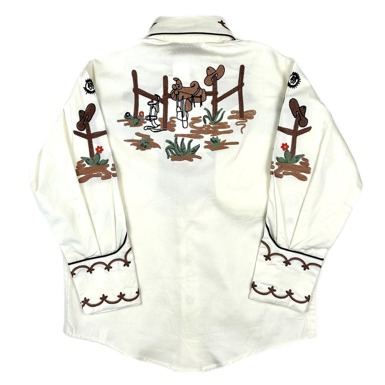 Kid's Cactus & Cowboy Boots Embroidered Western Shirt in Ivory