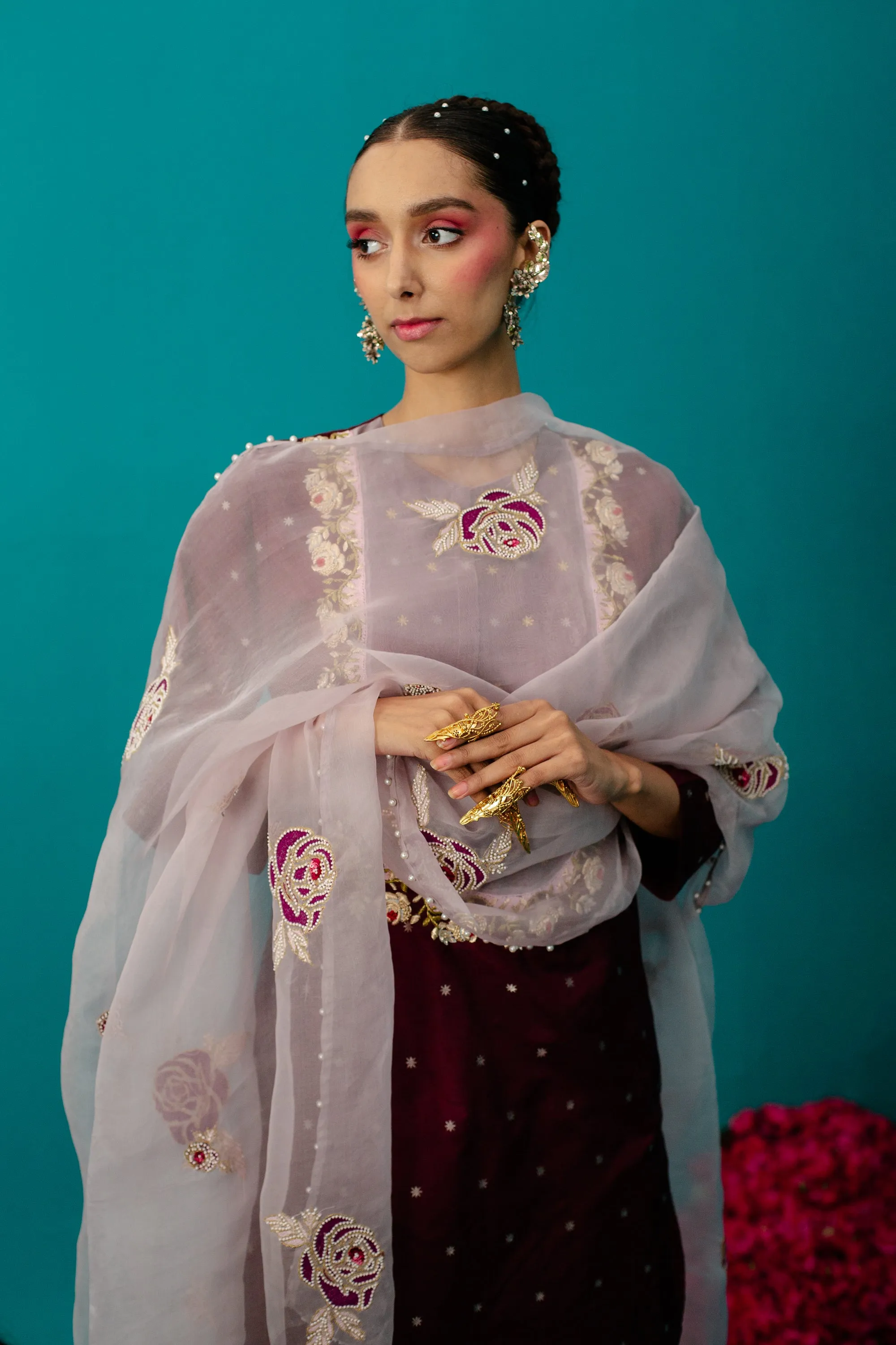 Lilac Rose Organza Pearl Dupatta