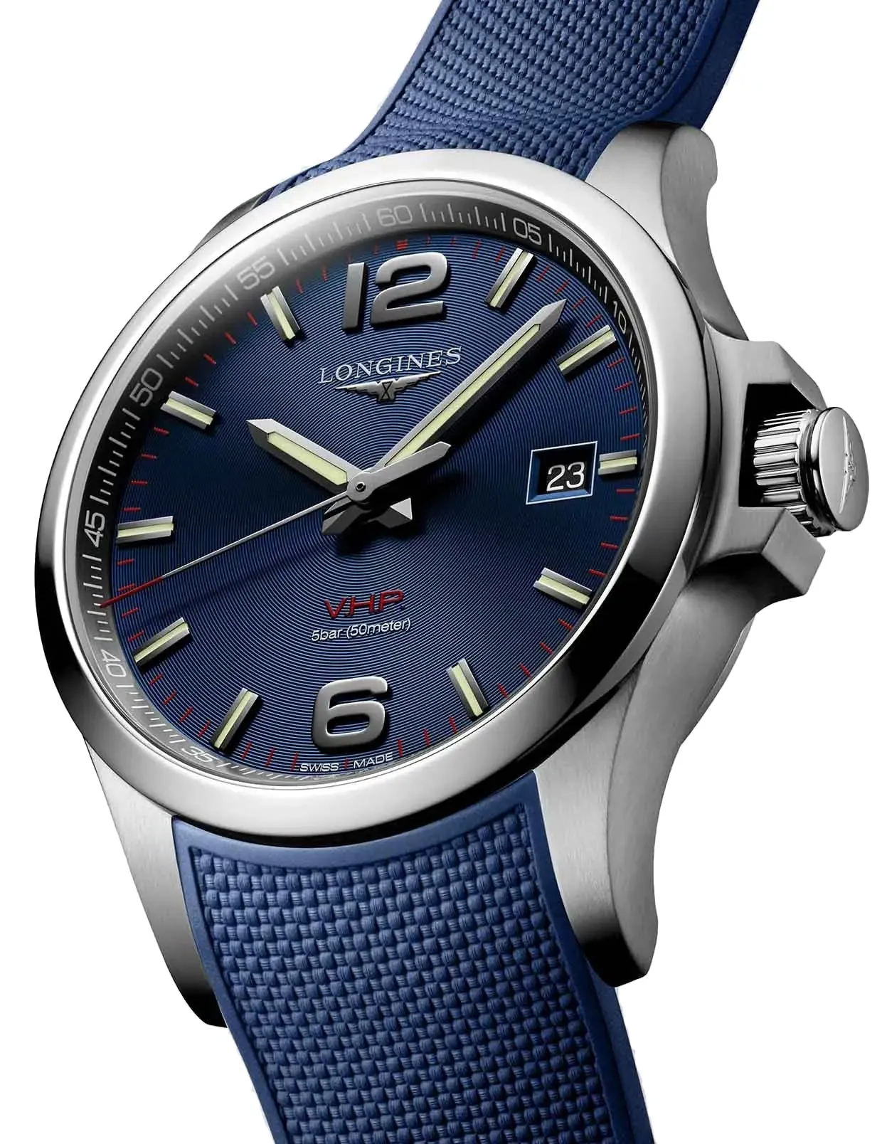 Longines Conquest V.H.P. Stainless Steel Blue Dial Blue Rubber Strap Perpetual Calendar Date Quartz Mens Watch L3.726.4.96.9