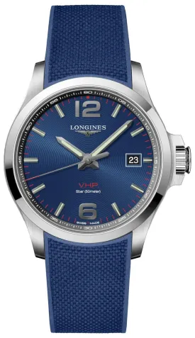 Longines Conquest V.H.P. Stainless Steel Blue Dial Blue Rubber Strap Perpetual Calendar Date Quartz Mens Watch L3.726.4.96.9