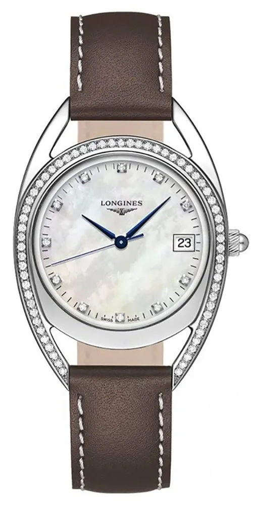 Longines Equestrian Stainless Steel Mother-Of-Pearl Dial Brown Leather Strap Diamonds Date Quartz Womens Watch L6.138.0.87.2