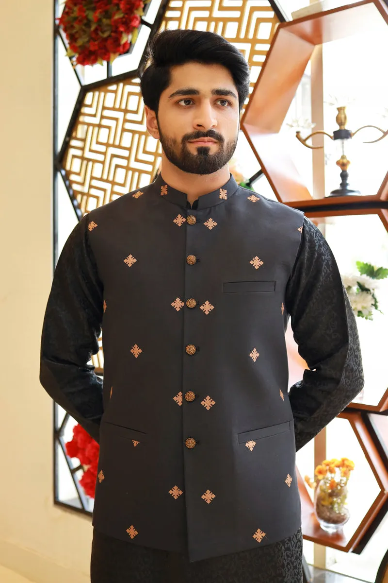 Men Premium Embroidered Waistcoat Black