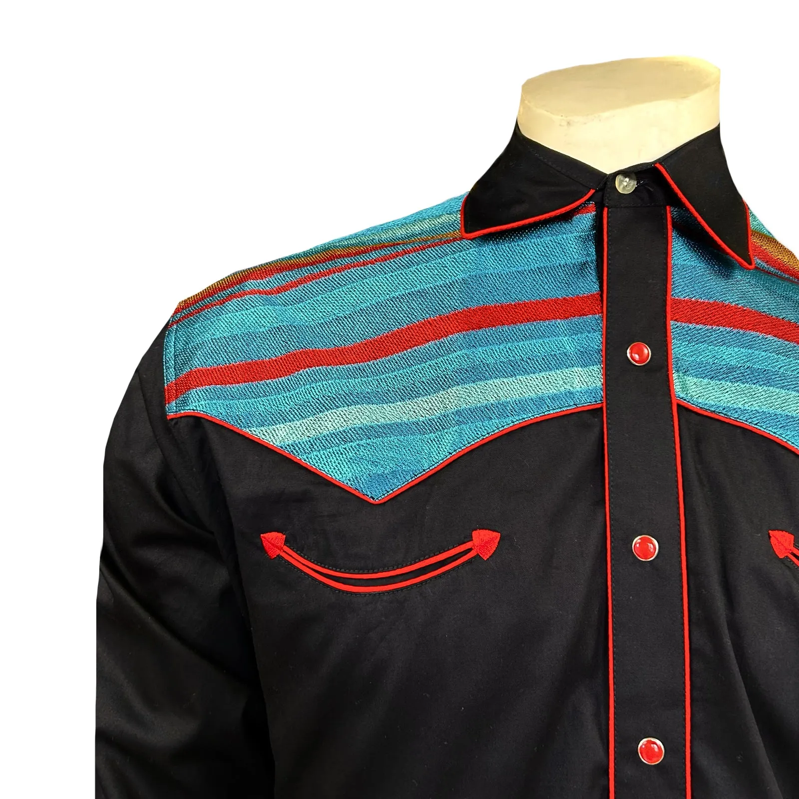 Men's 2-Tone Serape Stripe Embroidery Western Shirt in Black & Turquoise