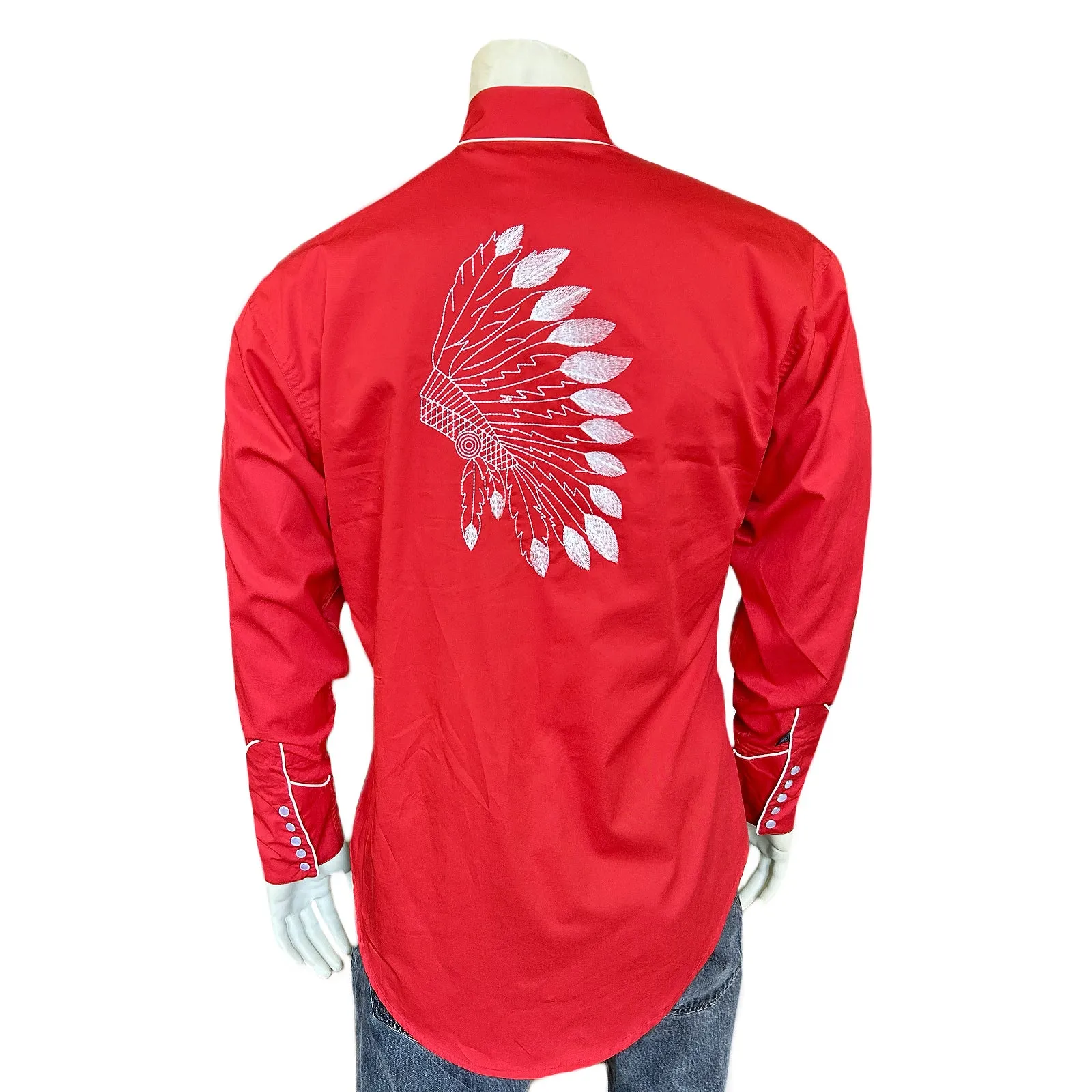 Men's Gabardine Warbonnet Embroidery Western Shirt in Red