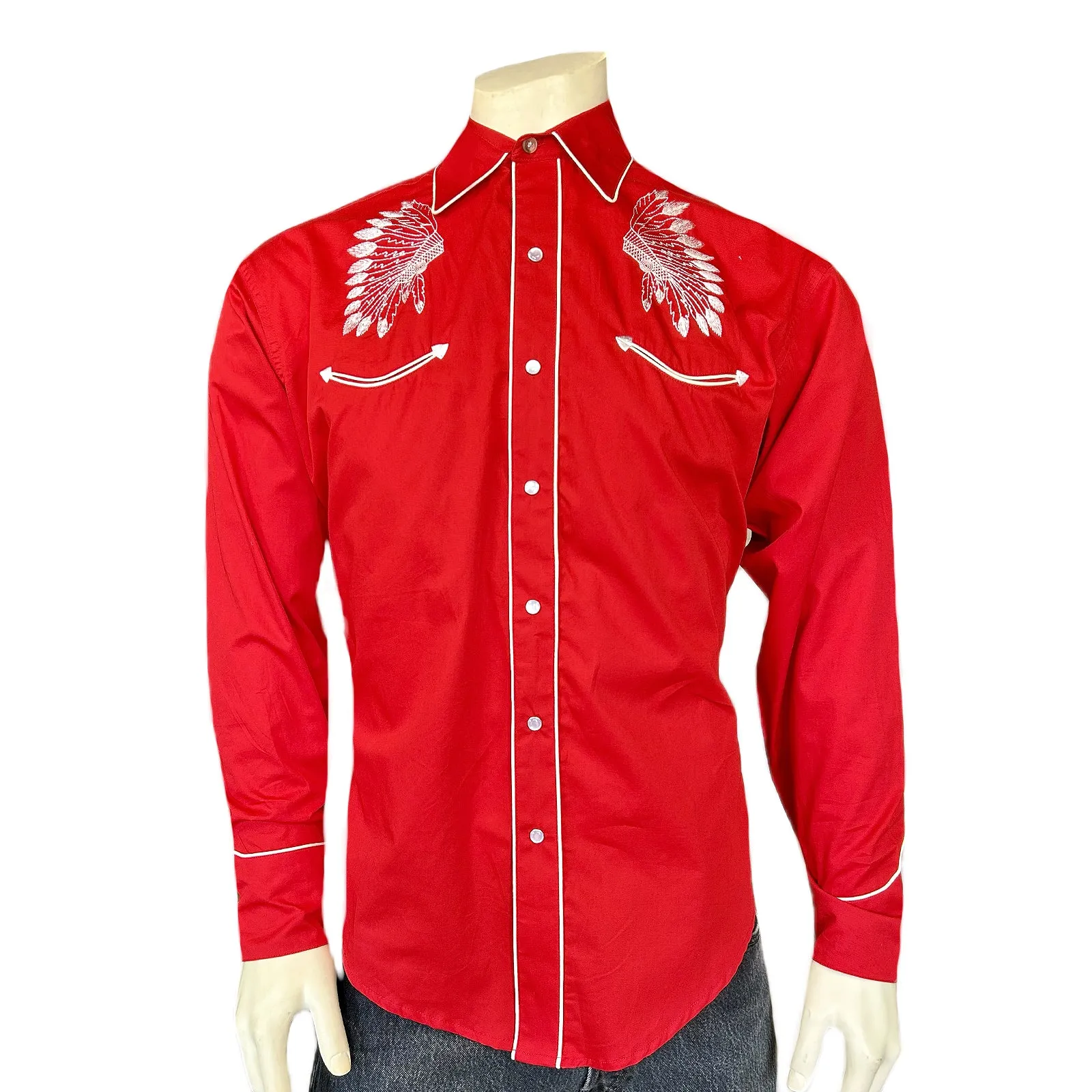 Men's Gabardine Warbonnet Embroidery Western Shirt in Red