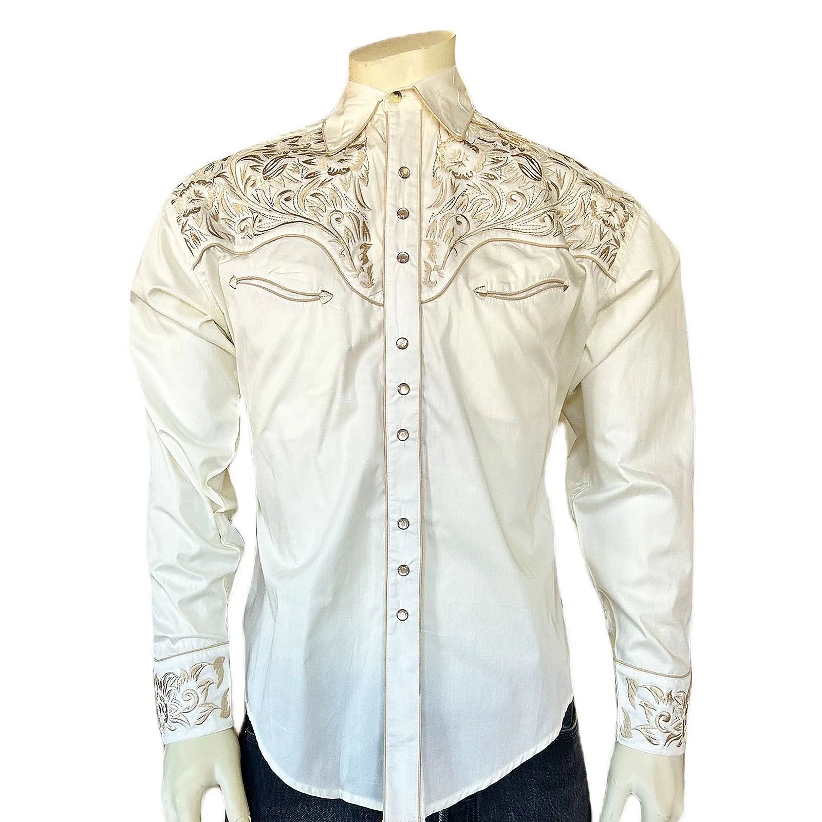 Men's Vintage Tooling Embroidered Ivory-on-Ivory Western Shirt