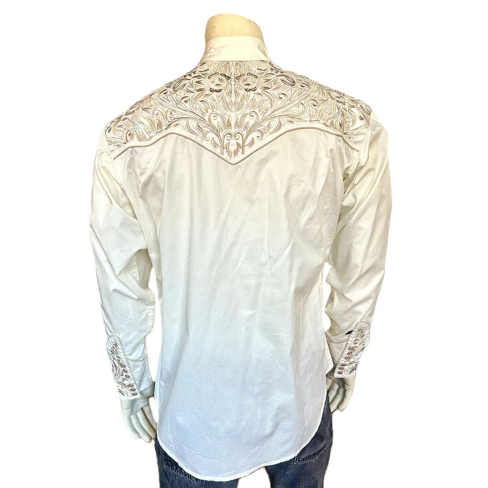 Men's Vintage Tooling Embroidered Ivory-on-Ivory Western Shirt