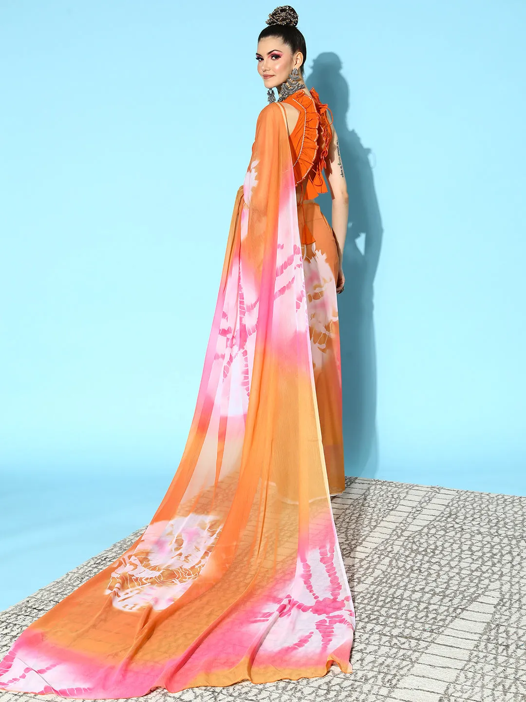 Orange & Pink Abstract Print Chiffon Saree