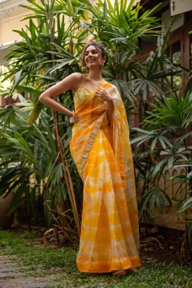 Organza tie and dye saree with hand embroidered polka sequence border