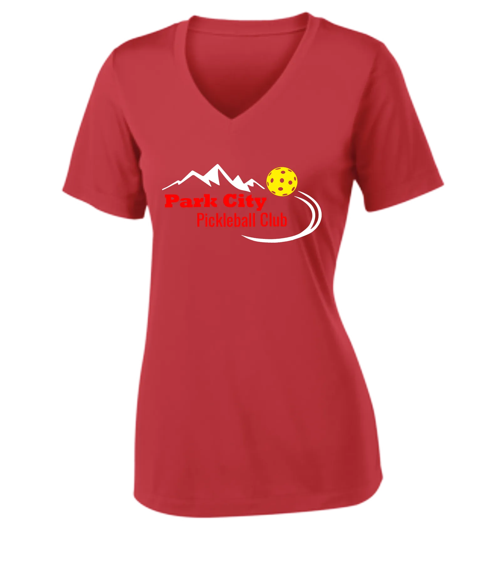 Park City Pickleball Club (Red Words) Customizable | Women's Short Sleeve V-Neck Pickleball Shirts | 100% Polyester