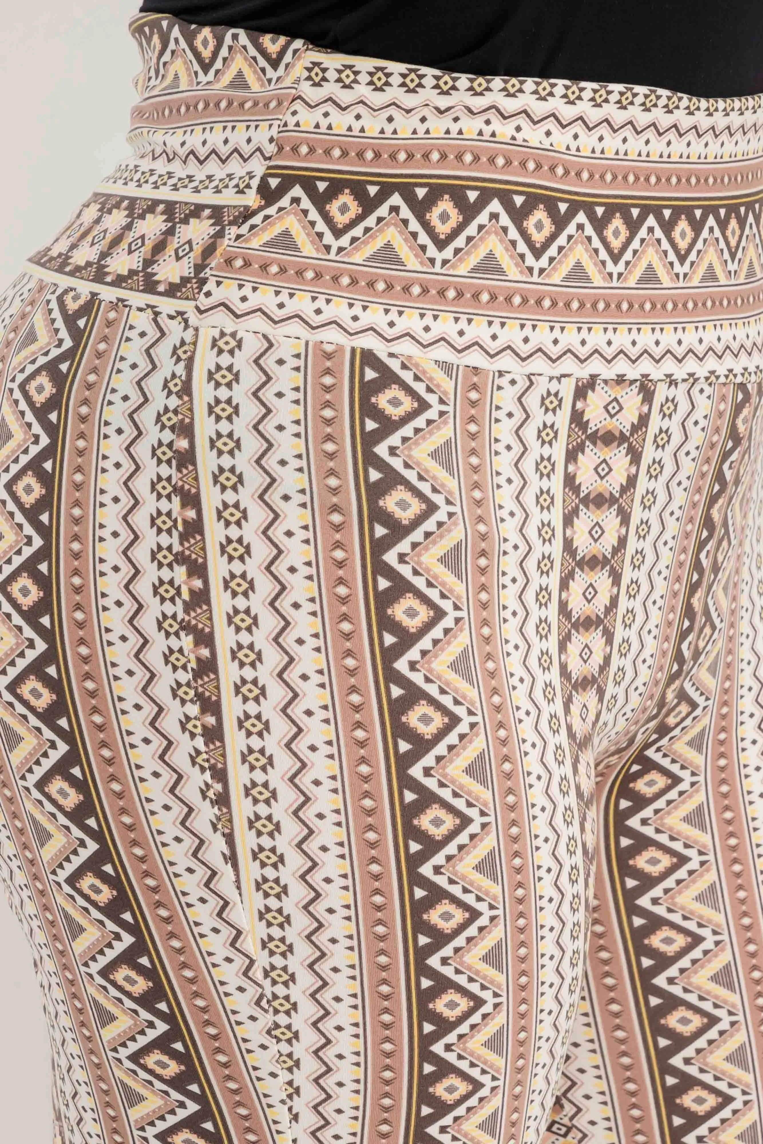 Plus Size High Waist Printed Soft Brushed Flare Pants - Cream, Brown Tribal