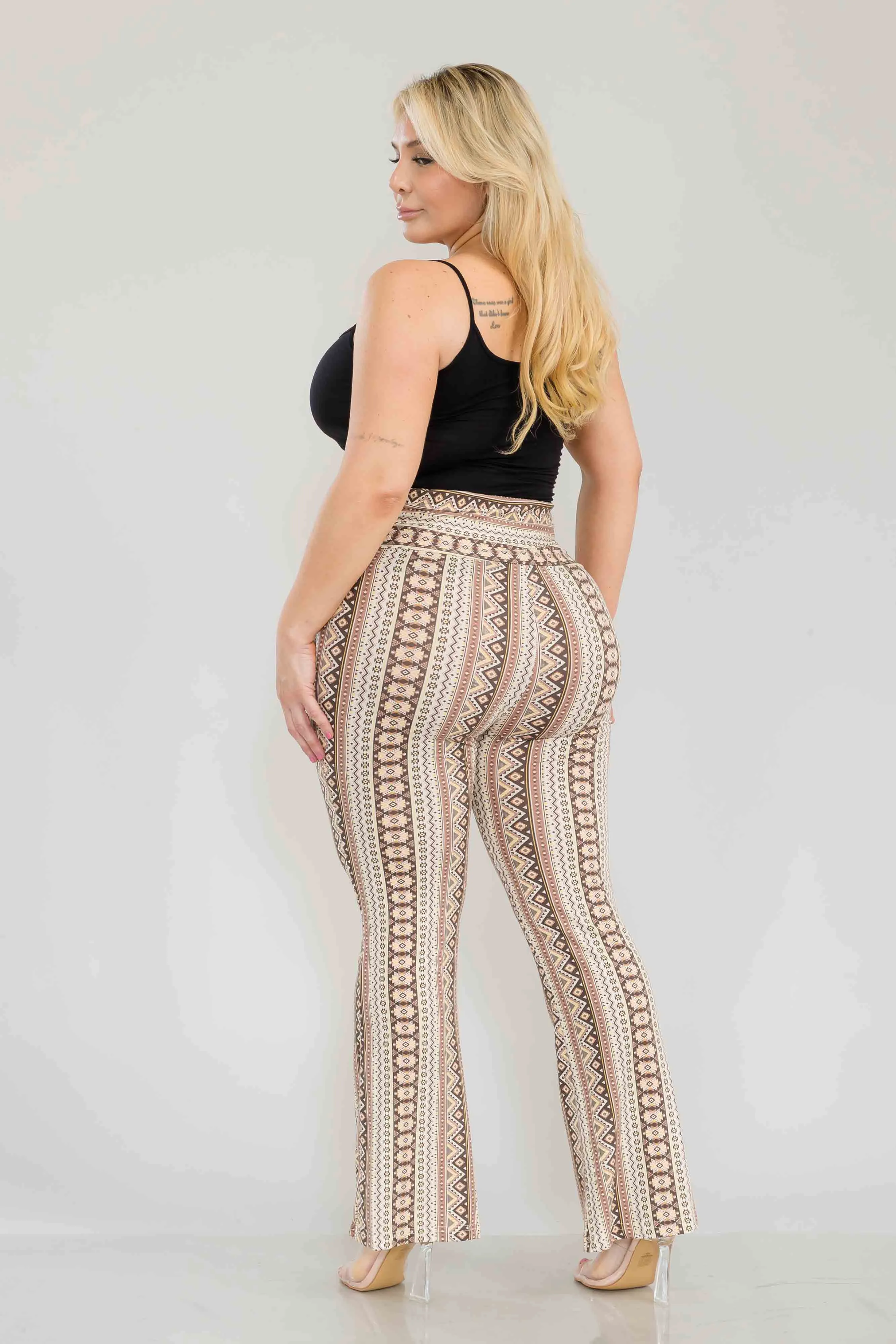 Plus Size High Waist Printed Soft Brushed Flare Pants - Cream, Brown Tribal