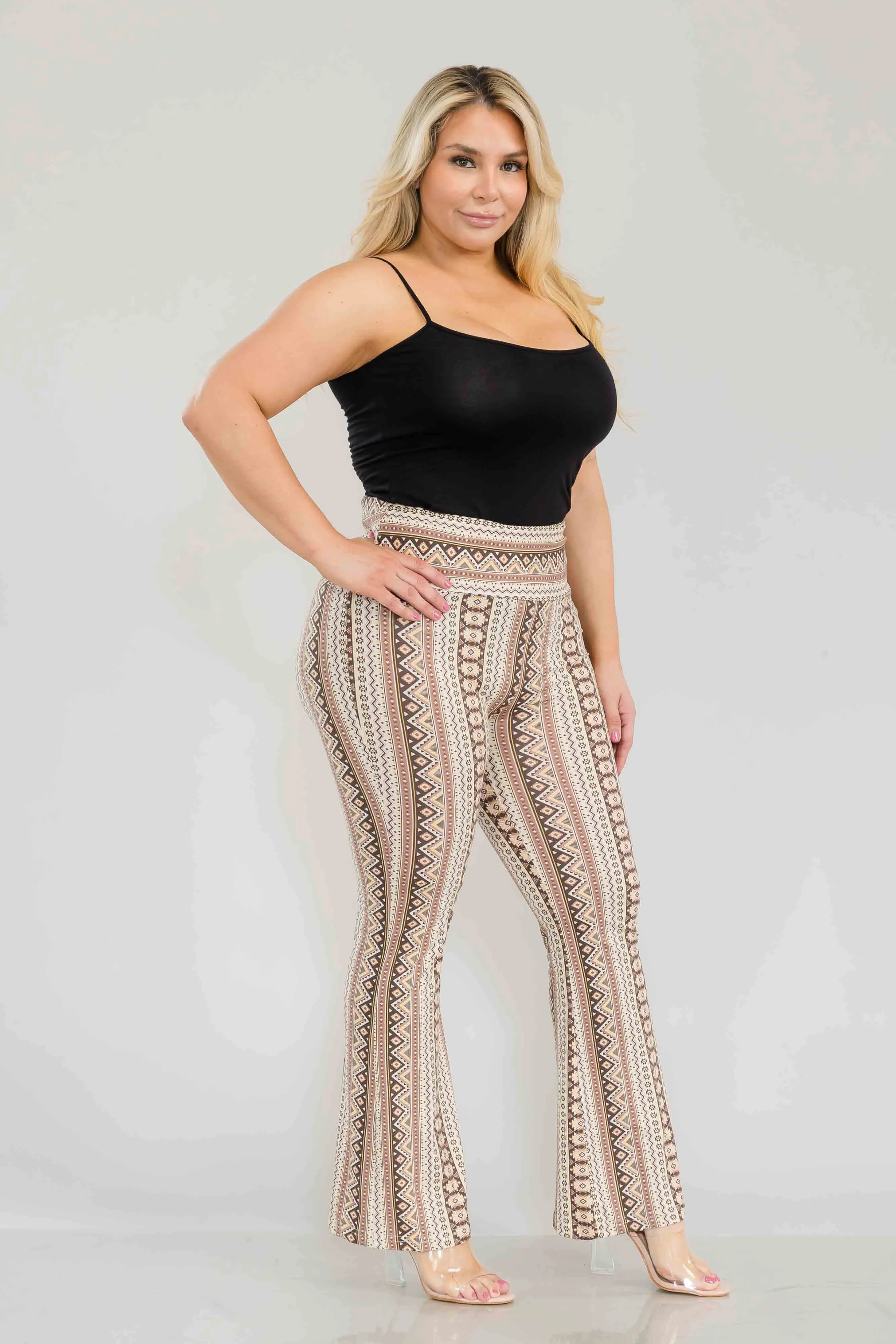 Plus Size High Waist Printed Soft Brushed Flare Pants - Cream, Brown Tribal