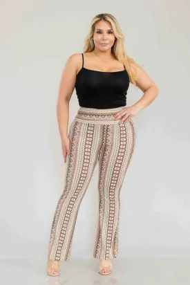 Plus Size High Waist Printed Soft Brushed Flare Pants - Cream, Brown Tribal