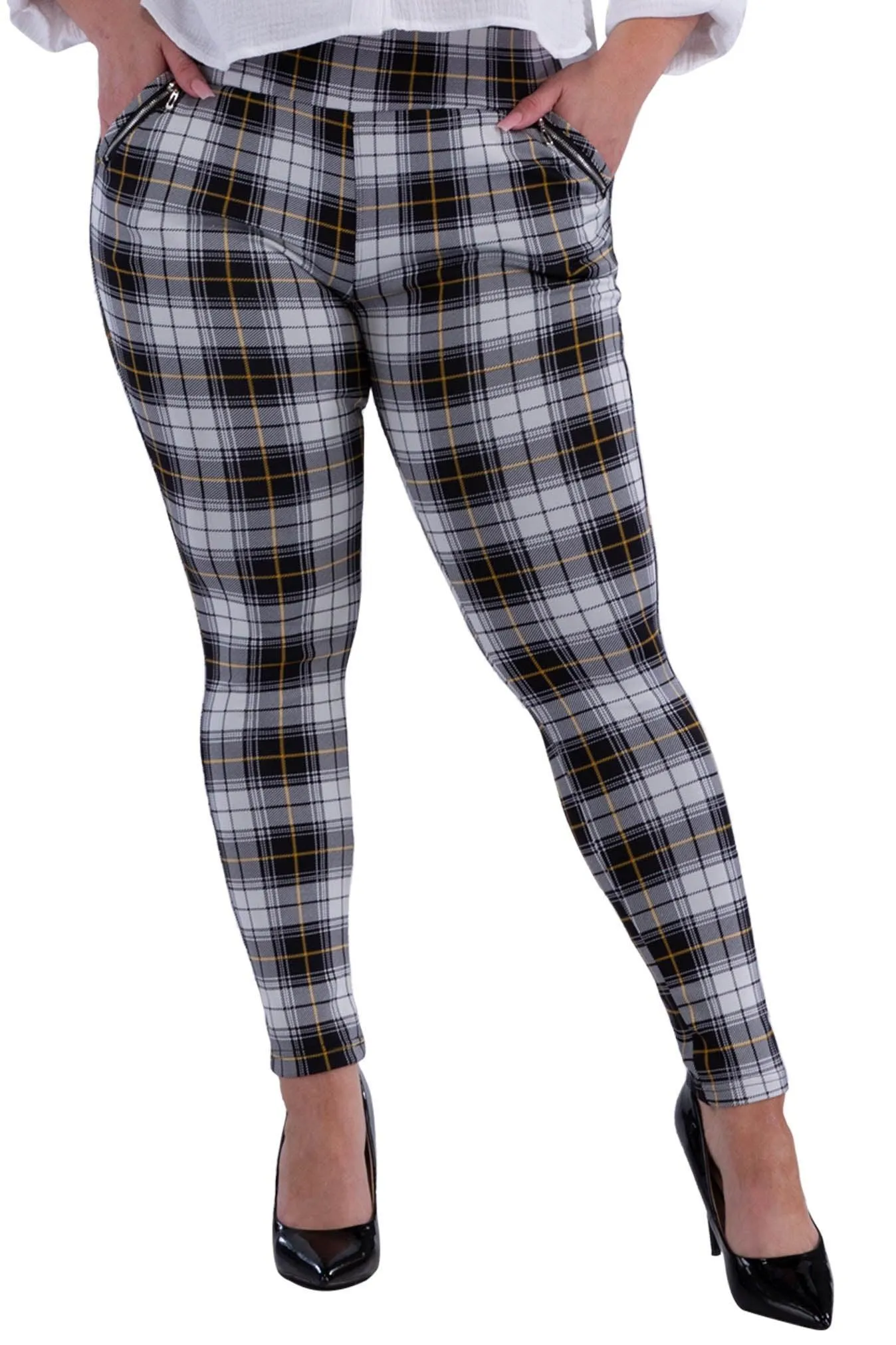 Plus Size Treggings With Zipper Pocket Trim - White, Black, Mustard Plaid