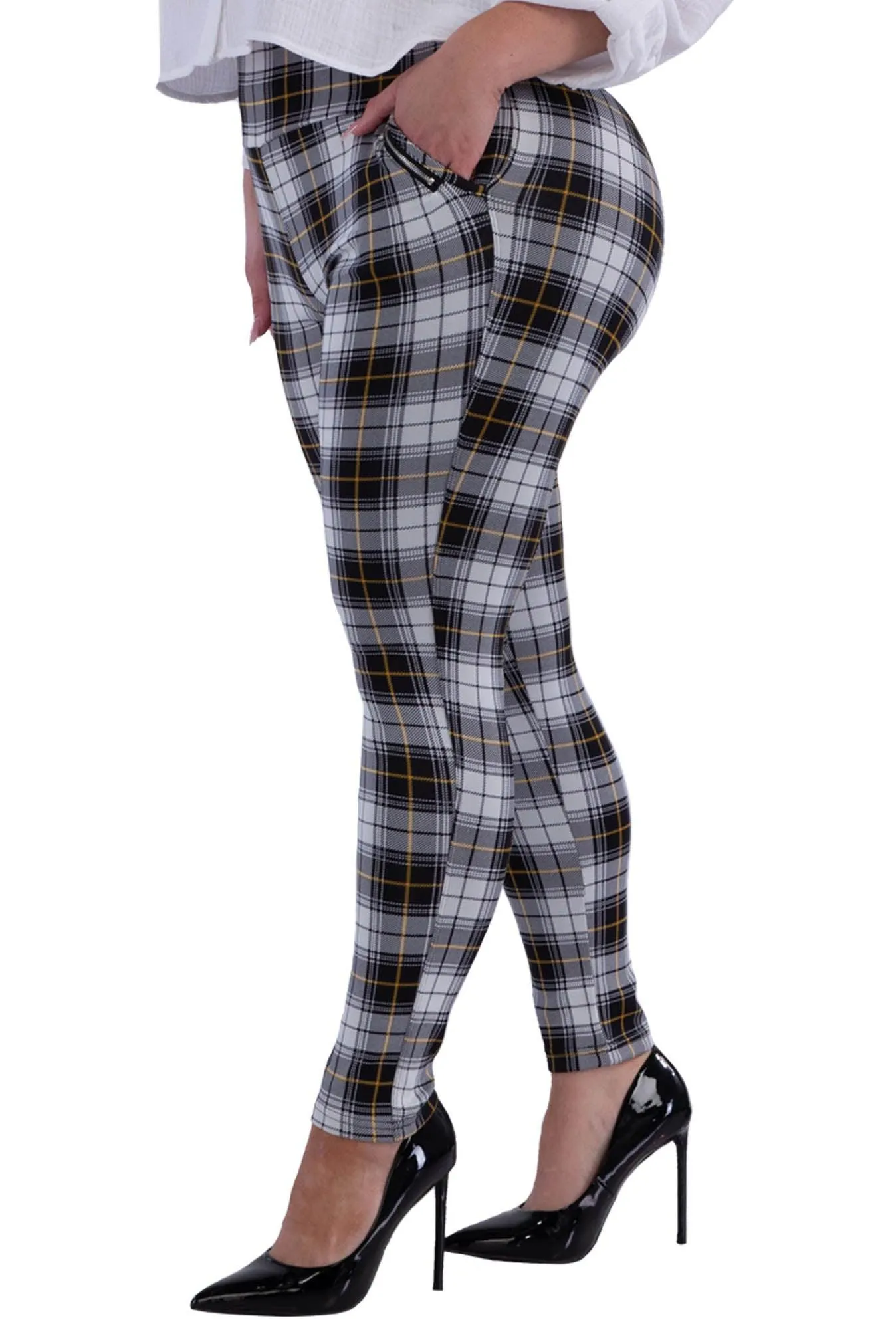 Plus Size Treggings With Zipper Pocket Trim - White, Black, Mustard Plaid