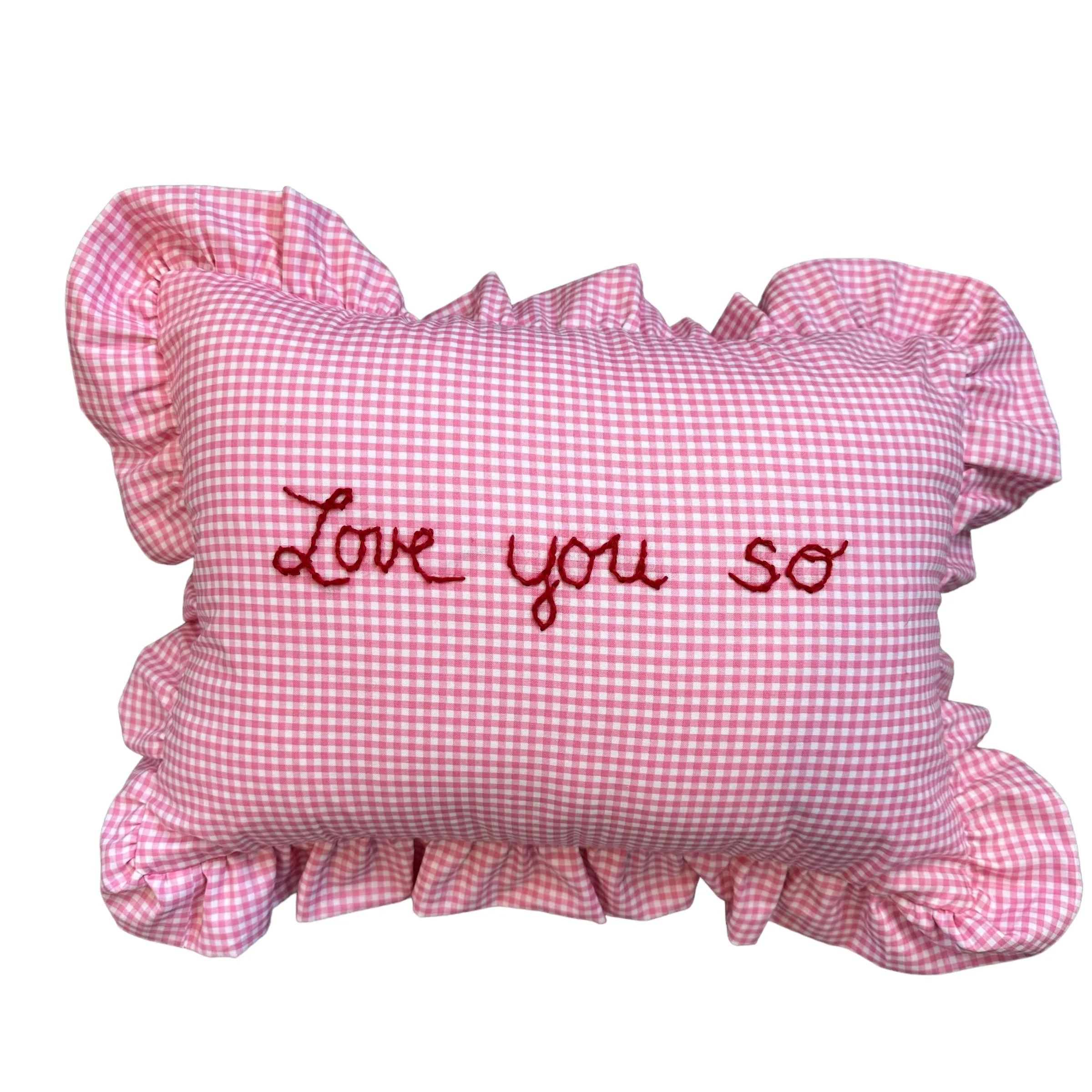 Rectangle Ruffle Pillow - Love You So - pink gingham