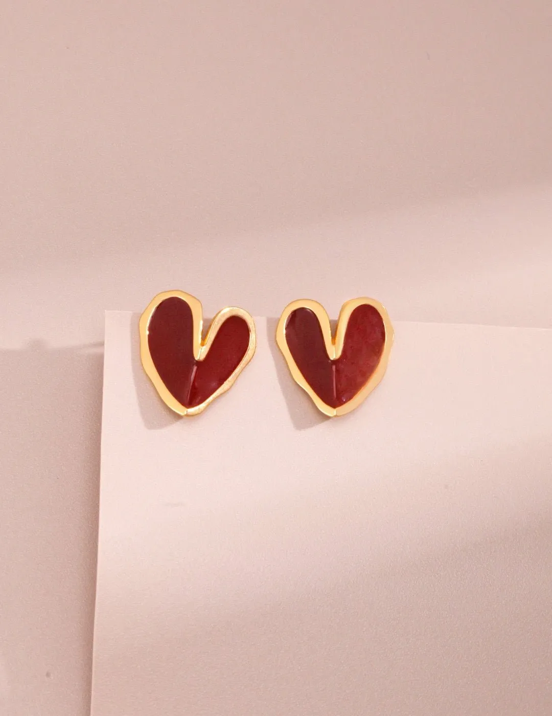 Red Enamel Glaze Folded Love Hearts Stud Earrings