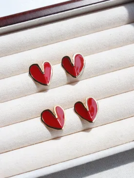 Red Enamel Glaze Folded Love Hearts Stud Earrings