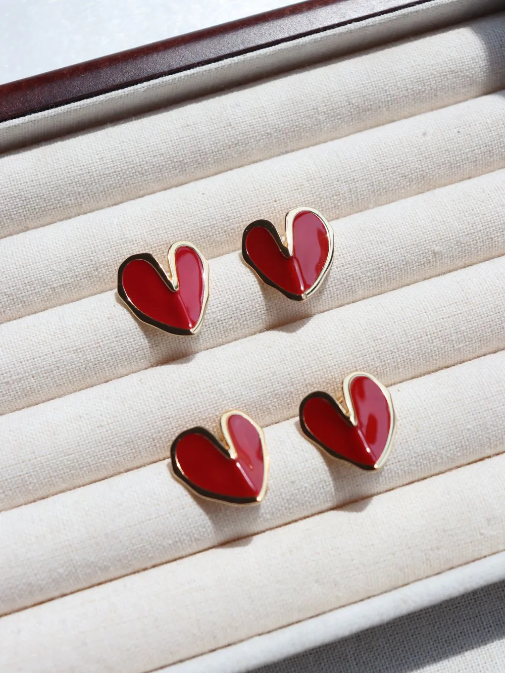 Red Enamel Glaze Folded Love Hearts Stud Earrings