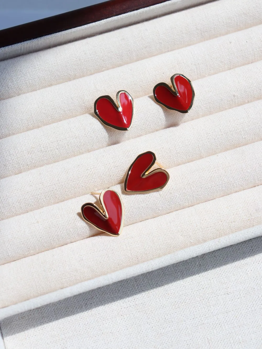 Red Enamel Glaze Folded Love Hearts Stud Earrings