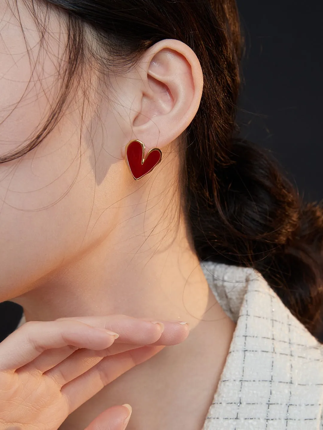 Red Enamel Glaze Folded Love Hearts Stud Earrings