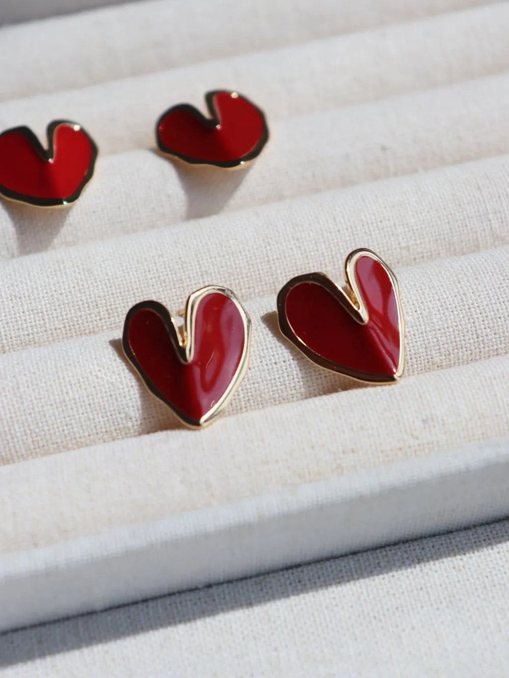 Red Enamel Glaze Folded Love Hearts Stud Earrings