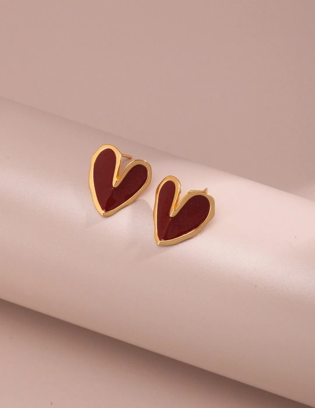 Red Enamel Glaze Folded Love Hearts Stud Earrings