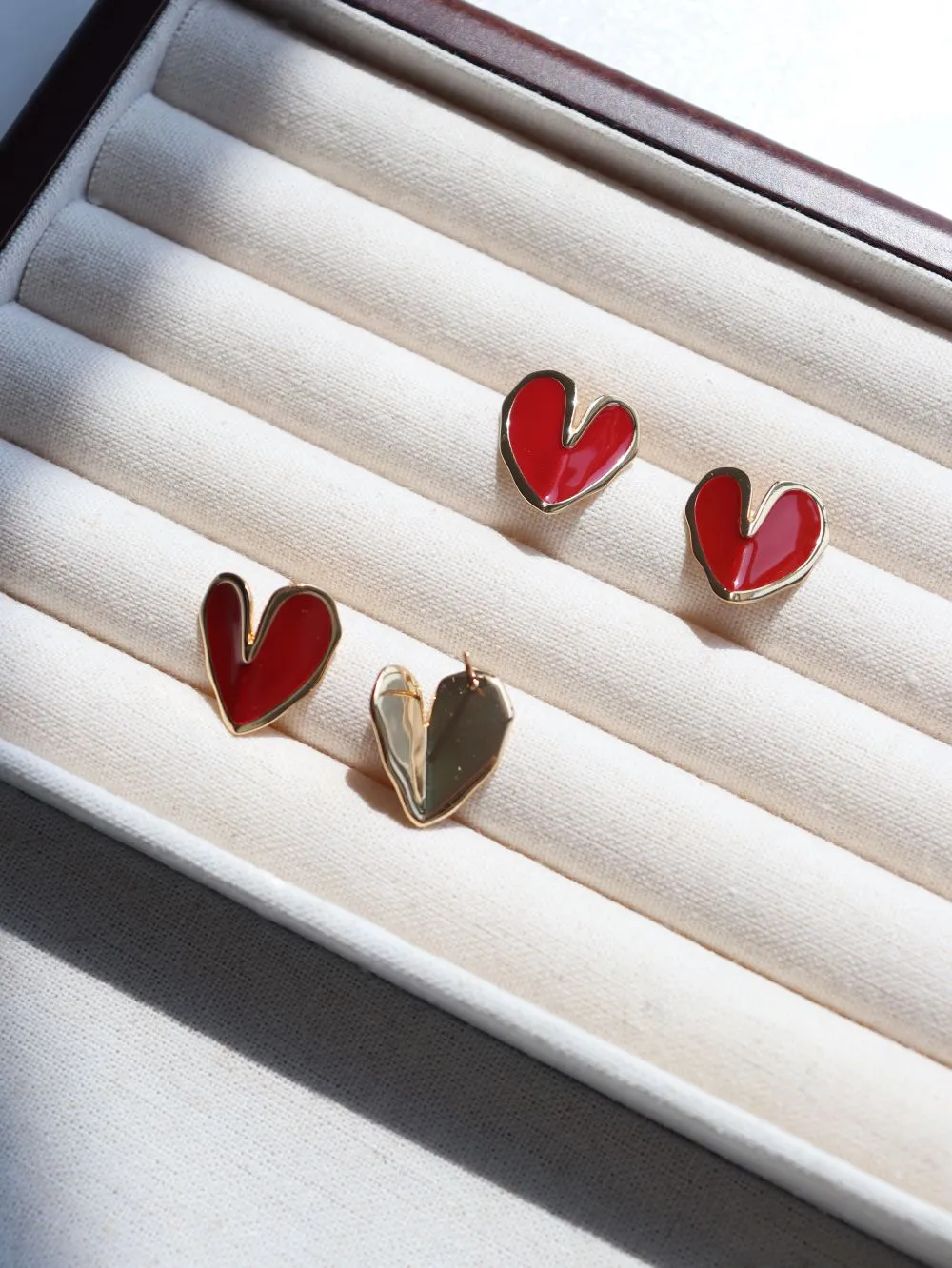 Red Enamel Glaze Folded Love Hearts Stud Earrings