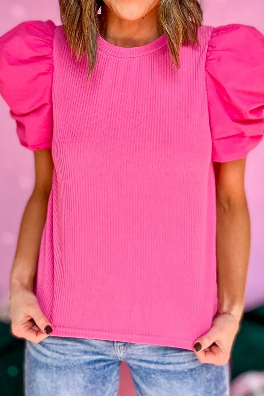 Ruched Short Puff Sleeve Ribbed Top- Hot Pink