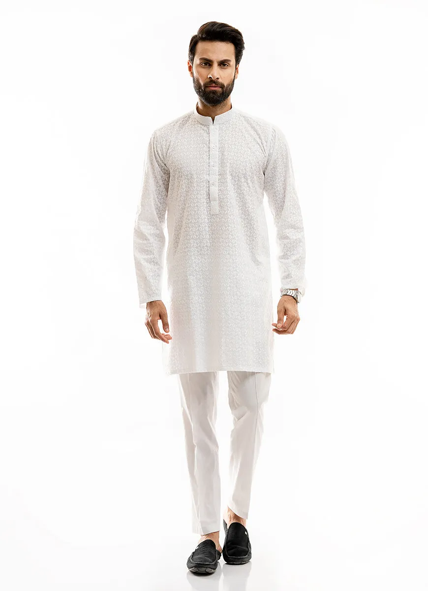 Schiffli Embroidered White (Square pattern), 100% Cotton Short Kurta