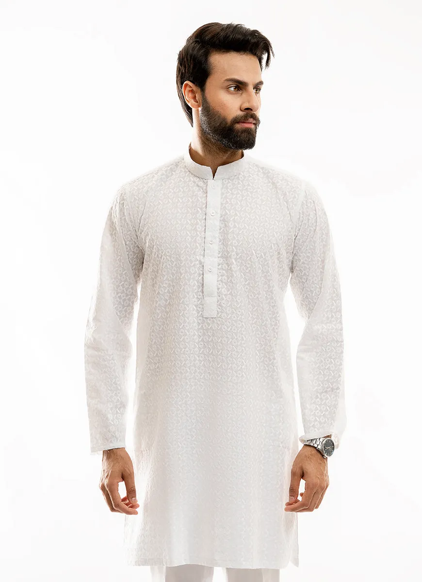 Schiffli Embroidered White (Square pattern), 100% Cotton Short Kurta