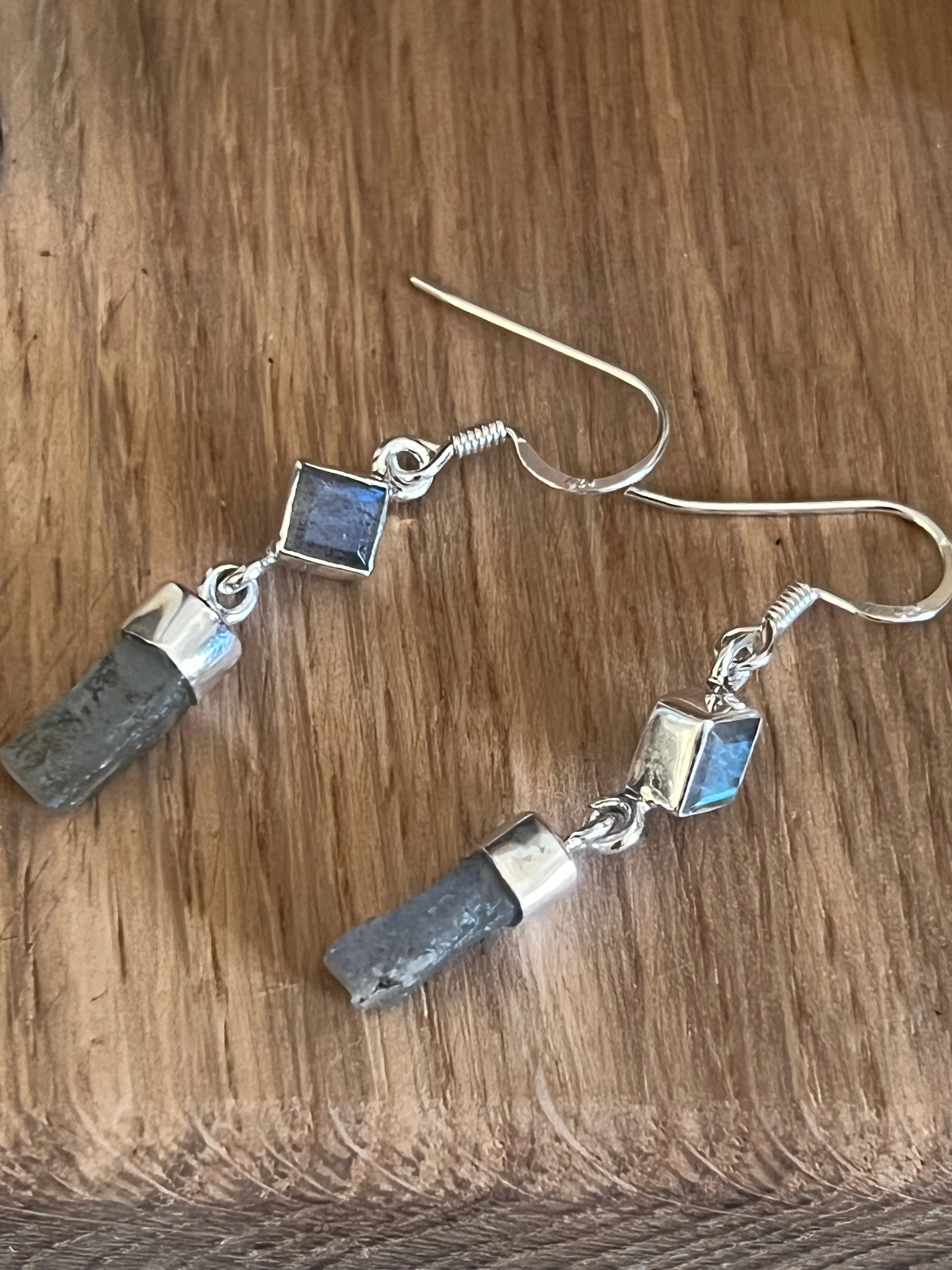 Solid Silver Labradorite Diamond & Rough Cut Drop Earrings