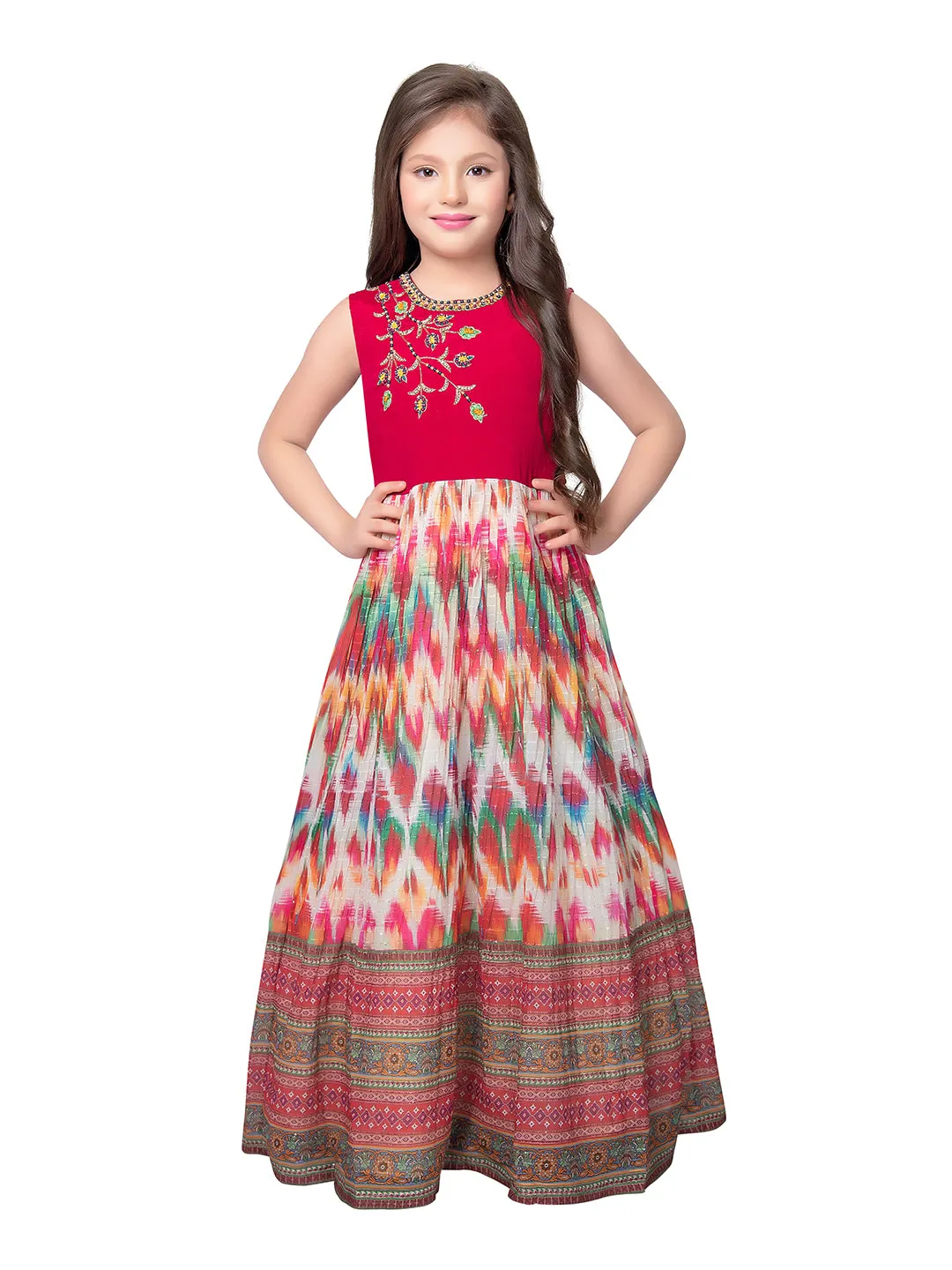 Tomato Coloured Clean Embroidery Printed Fabric Style Gown For Girls