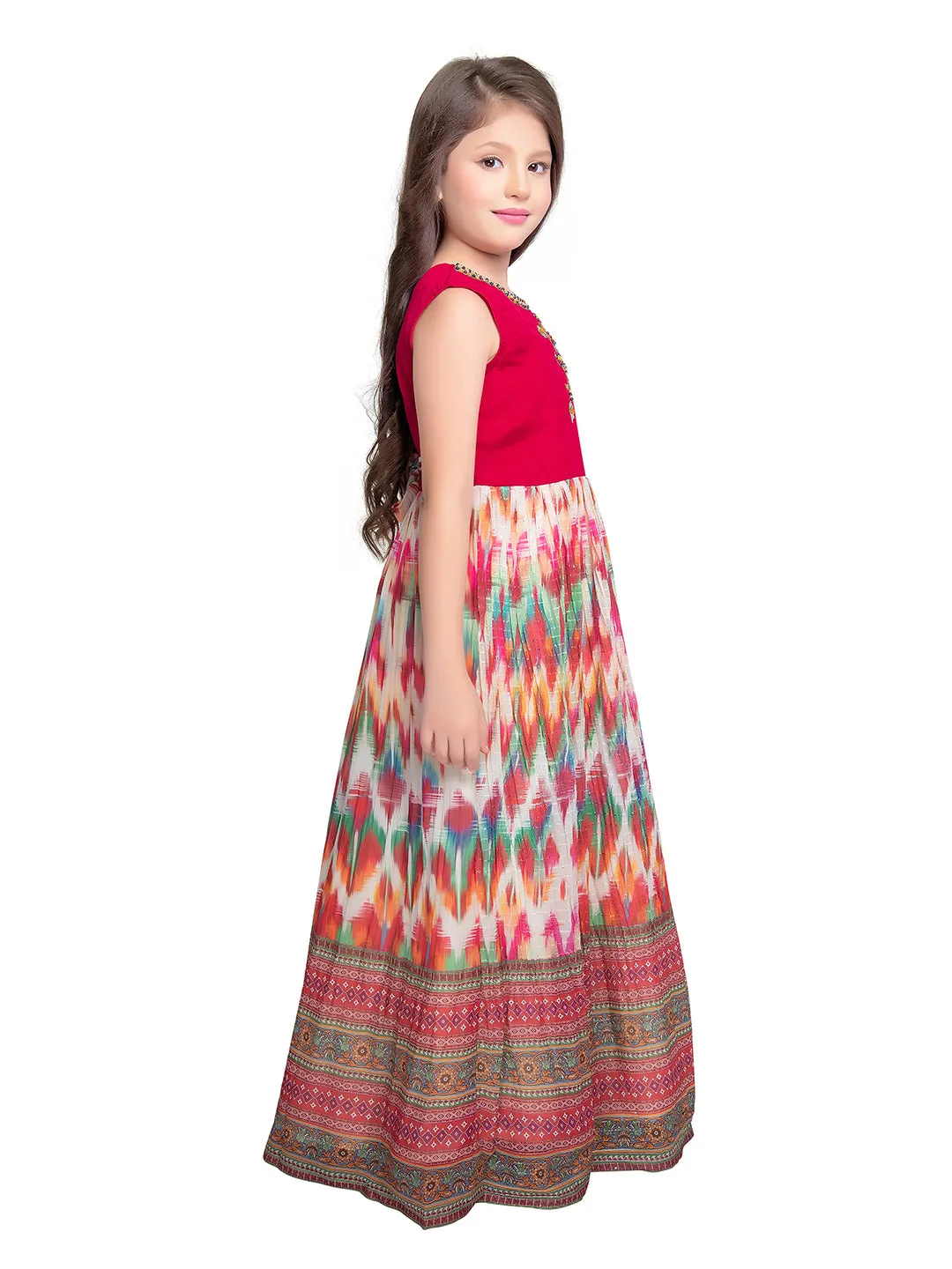 Tomato Coloured Clean Embroidery Printed Fabric Style Gown For Girls