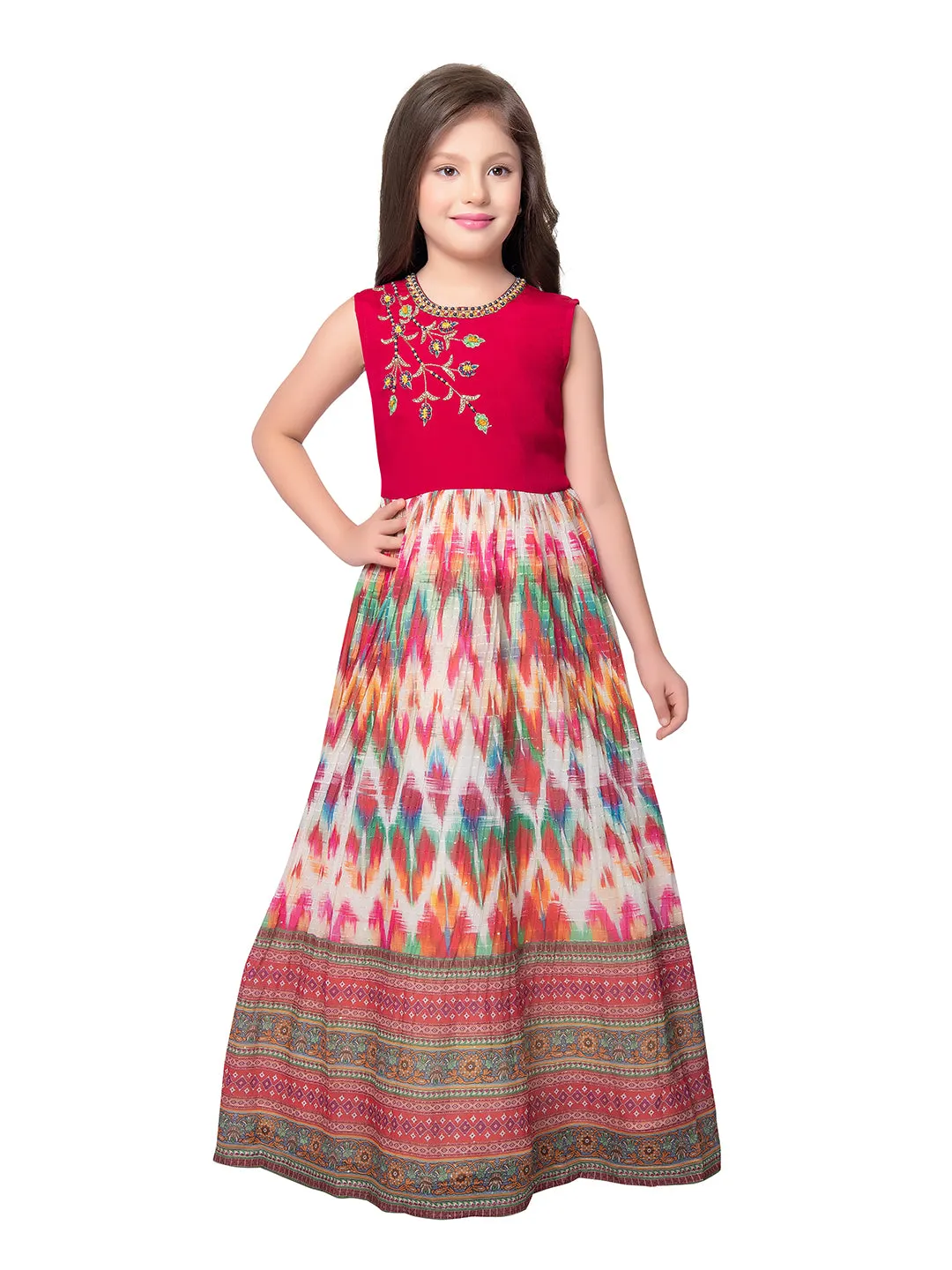 Tomato Coloured Clean Embroidery Printed Fabric Style Gown For Girls