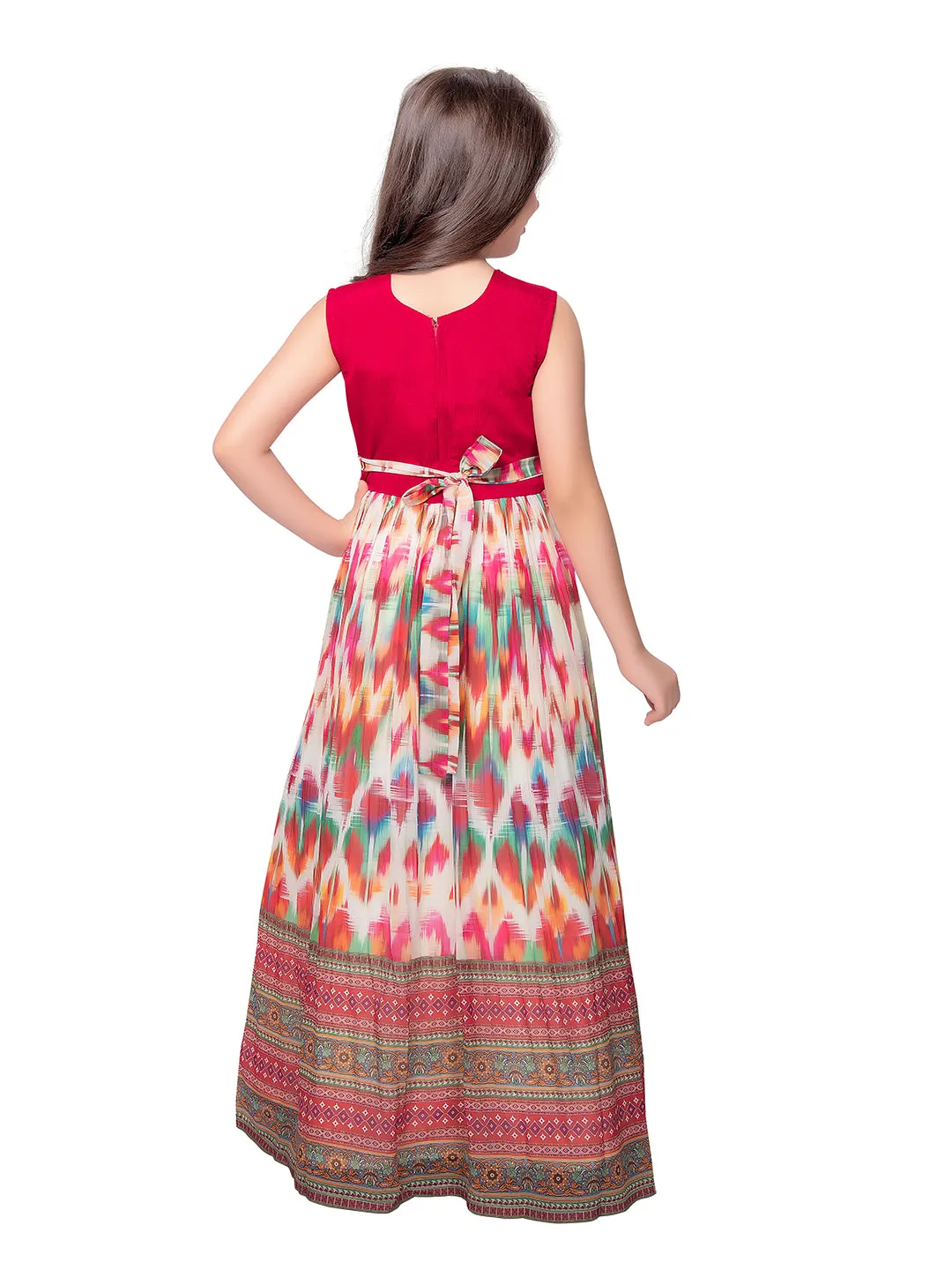 Tomato Coloured Clean Embroidery Printed Fabric Style Gown For Girls