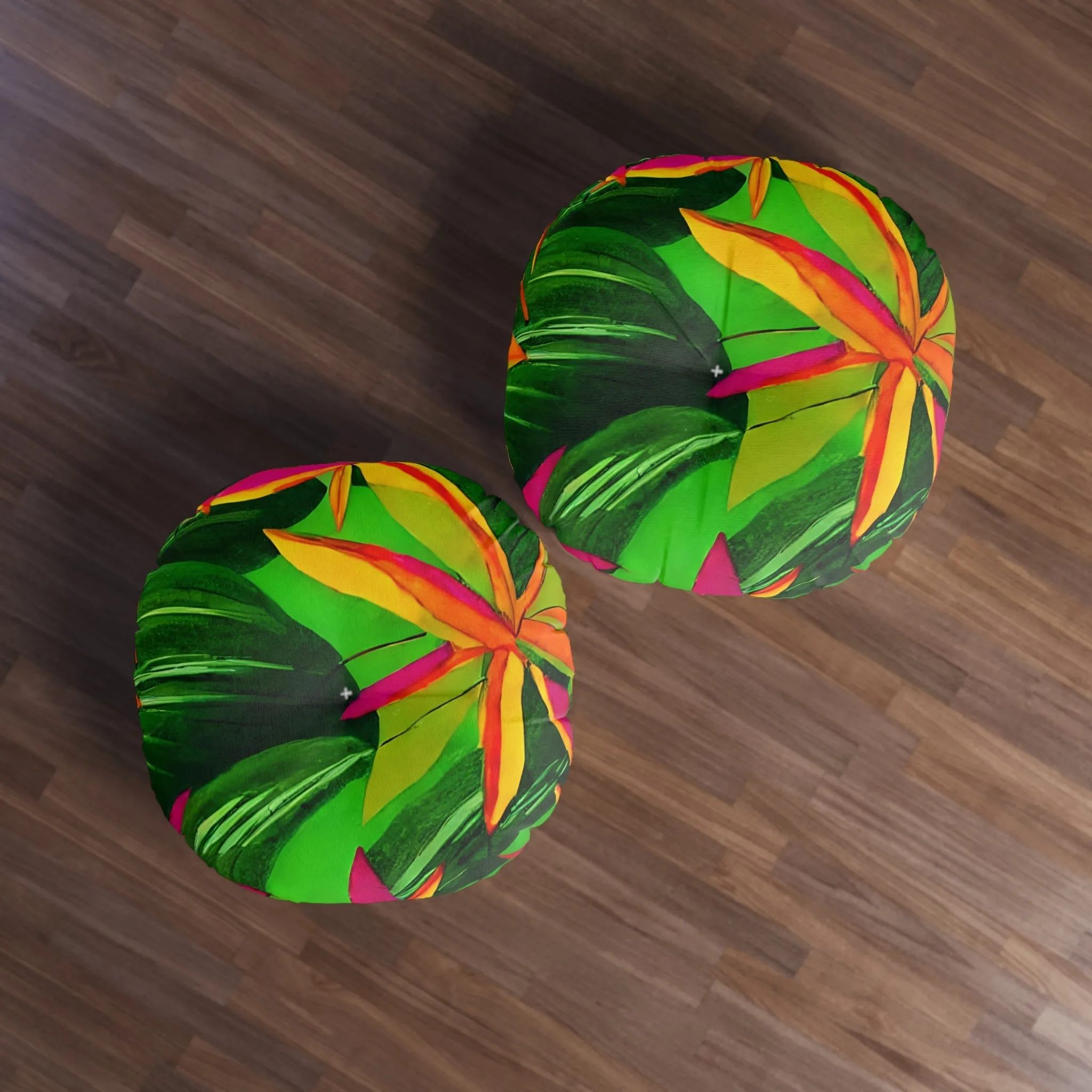 Tufted Round Floor Cushion with Tropical Botanical Design